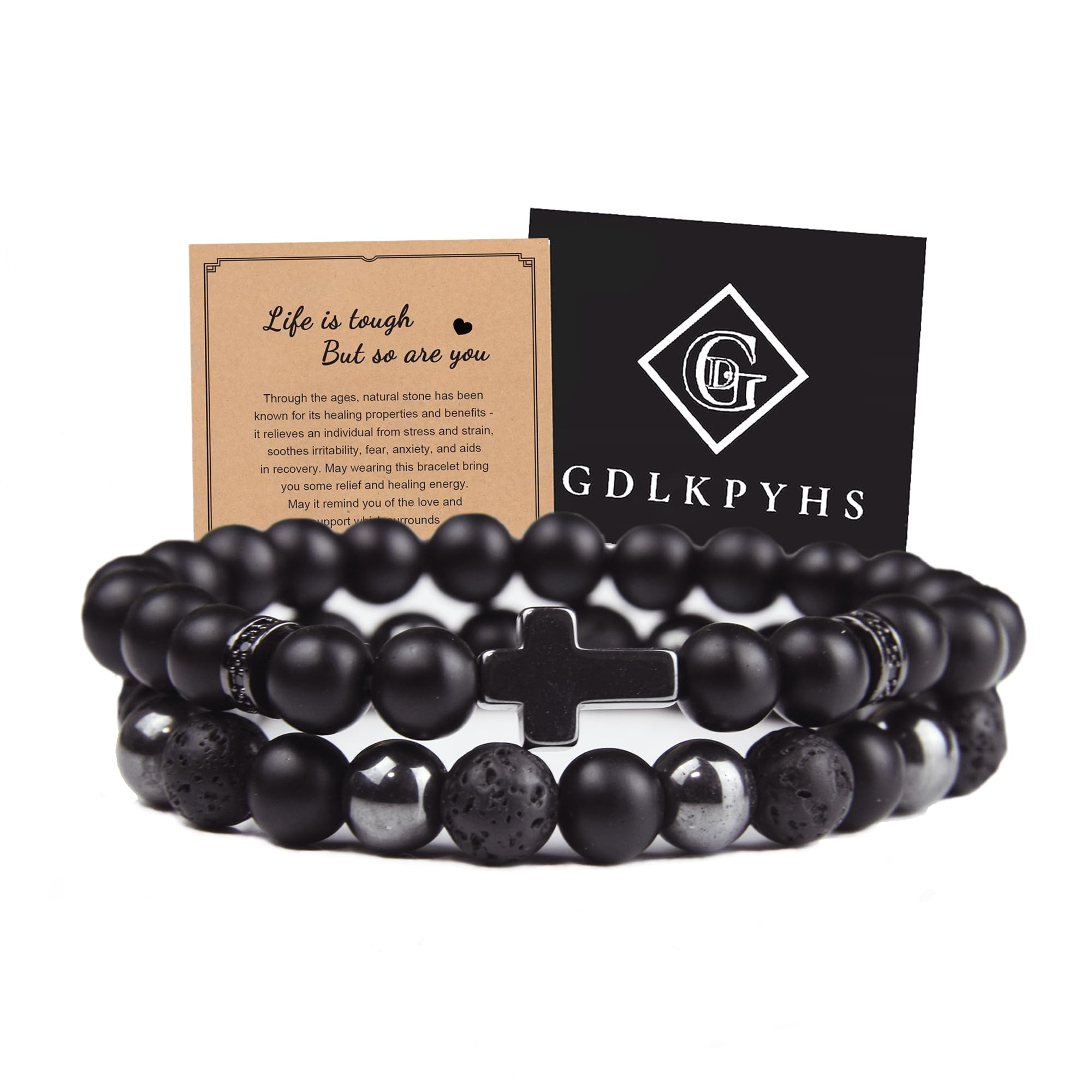 Black Obsidian Bracelet for Men - Black Tourmaline Beaded Bracelets - Mens Bracelet Set 8MM Black Onyx Hematite Lava Stone Beads Triple Protection Bracelet for Men Women Gifts