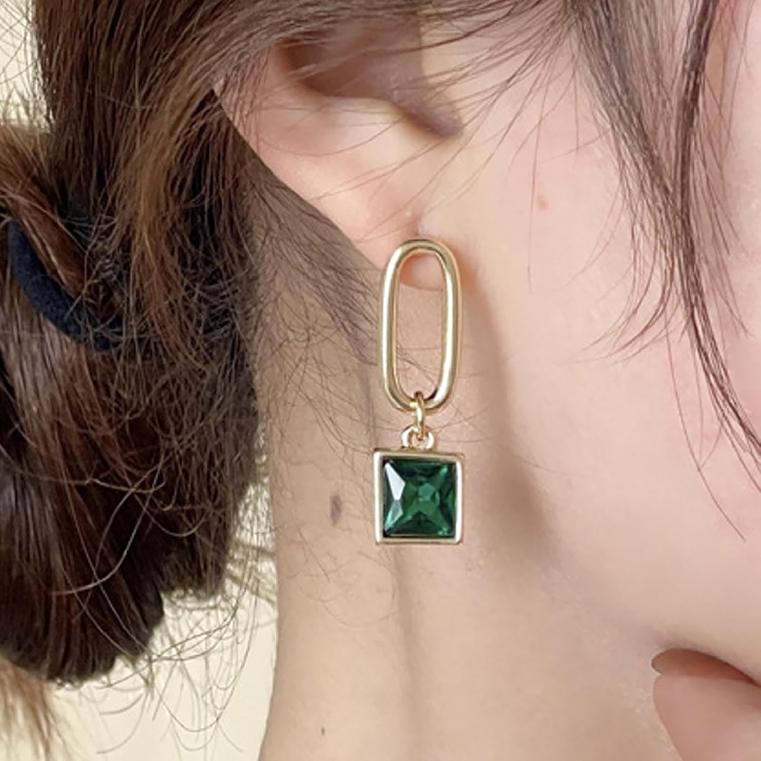 Vintage Emerald Dangle Earrings Gold Square Drop Earrings Green Emerald Crystal Earrings Crystal Wedding Earrings Geometry Hollow Square Earrings - Image 5