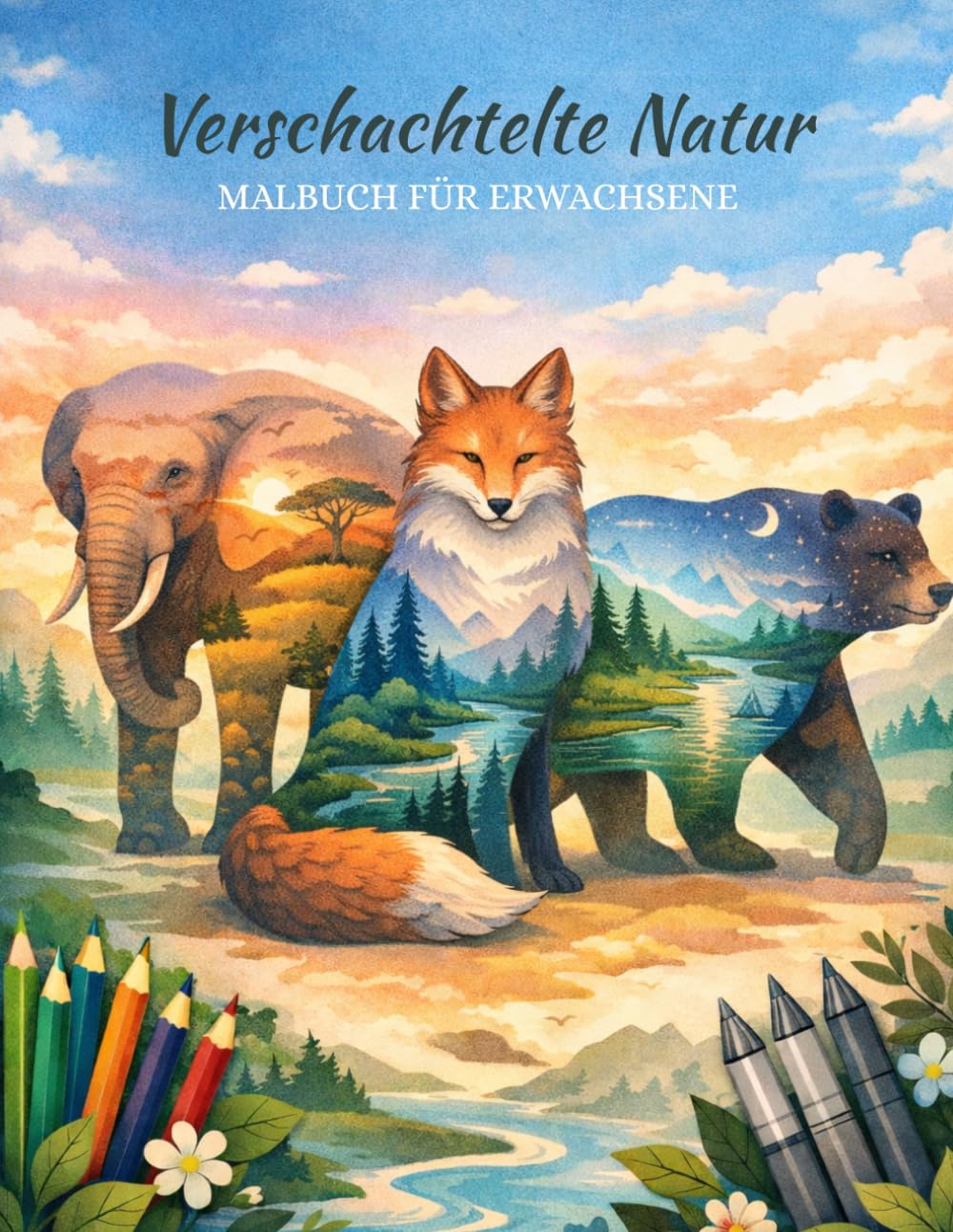 Verschachtelte Natur Malbuch für Erwachsene: Beruhigende Tiermotive mit eingebetteten Landschaften für Entspannung und achtsame Kreativität