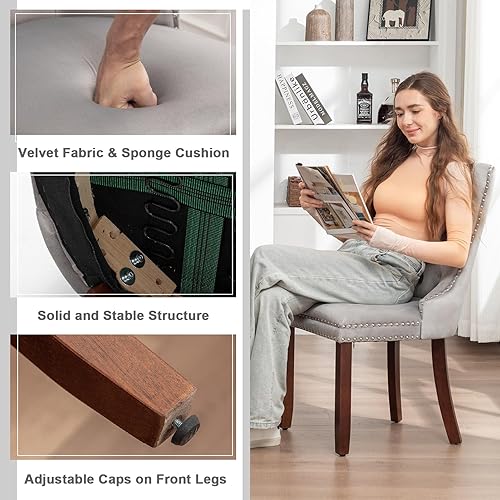 Miniatura 7 de Kiztir Juego de 4 sillas de comedor de terciopelo, sillas de comedor tapizadas con ribete de cabeza de clavo y respaldo con botón, silla de comedor