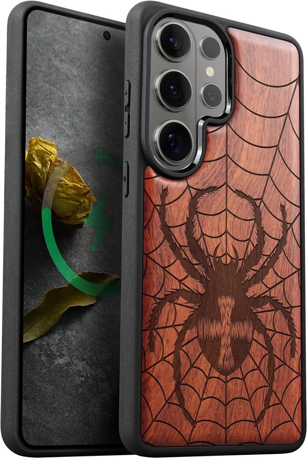Carveit Magnetic Wooden Case for Samsung Galaxy S26 Ultra Case 2026, TPU Shockproof Cover & Wood Artisan Engraved, Compatible with MagSafe Wireless Chargers (Web Weaver's Dominion) Rosy