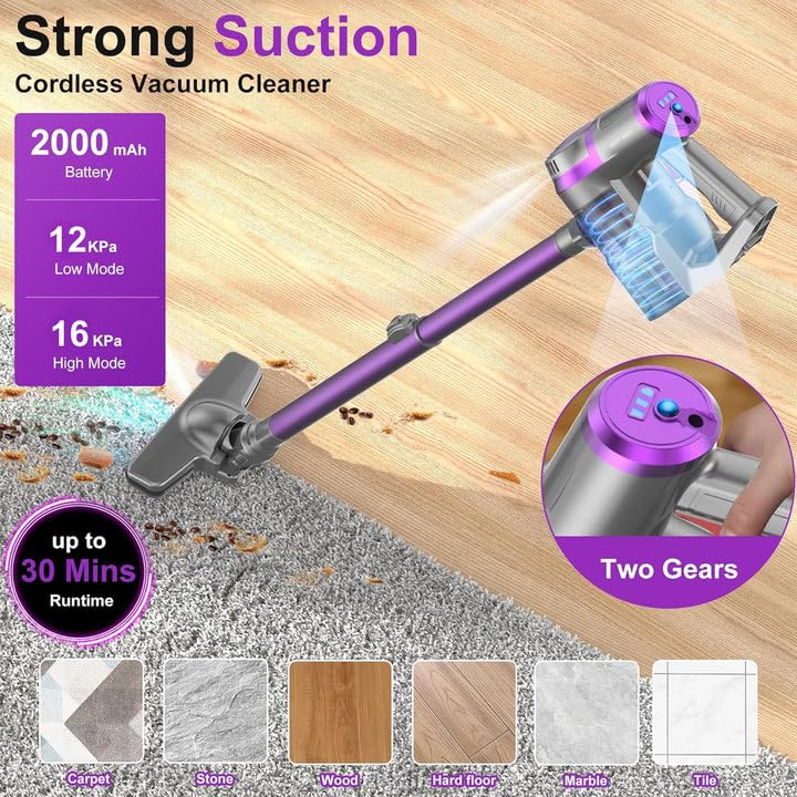 Cordless Stick Vacuum Cleaner, Handheld Rechargeable Lightweight Small Vac Electirc Broom Dust Catcher for Hardwood Floors Carpet Pet Hair Litter Home Clean, Detachable Battery