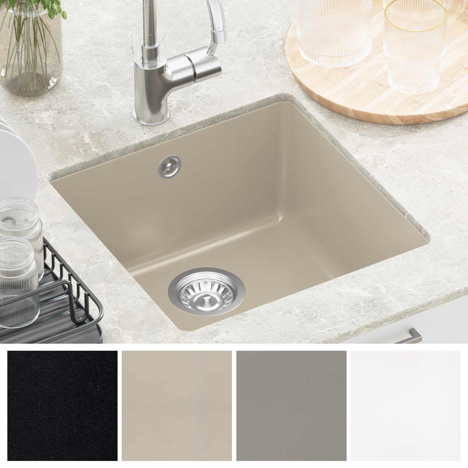 Fregadero de cocina de cuarzo y resina de granito, color beige, 430 x 460 mm, con base rectangular, escurridor para cocina, camping y autocaravana, superficie robusta