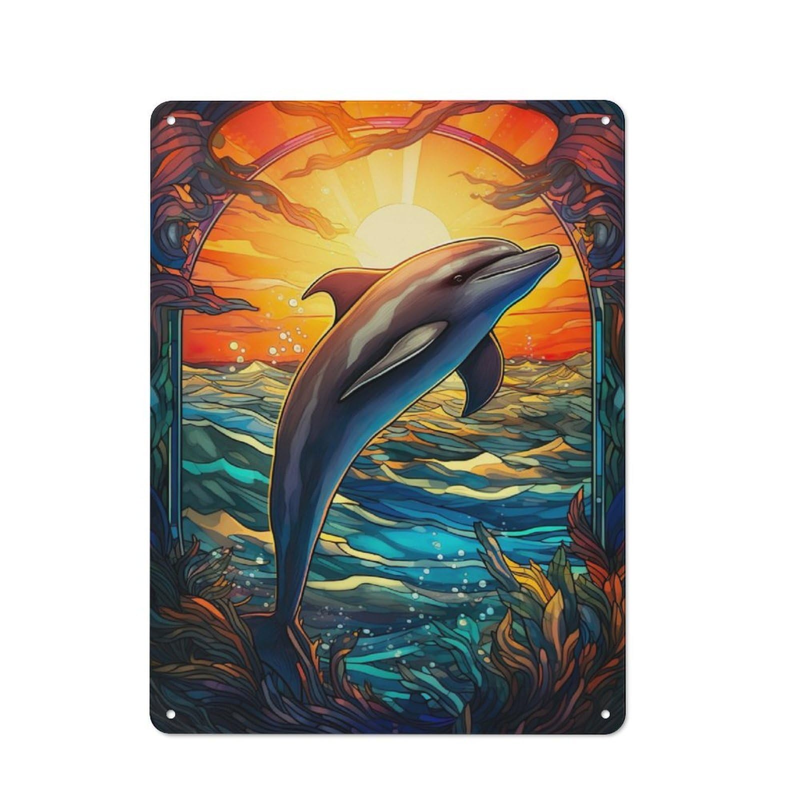 Junmoney Dolphin Stained Glass Rustic Metal Sign With Design 40X30cm, Farmhouse Farmhouse Wall Decor For Dining Room, Cafe, Entryway Or Family Room