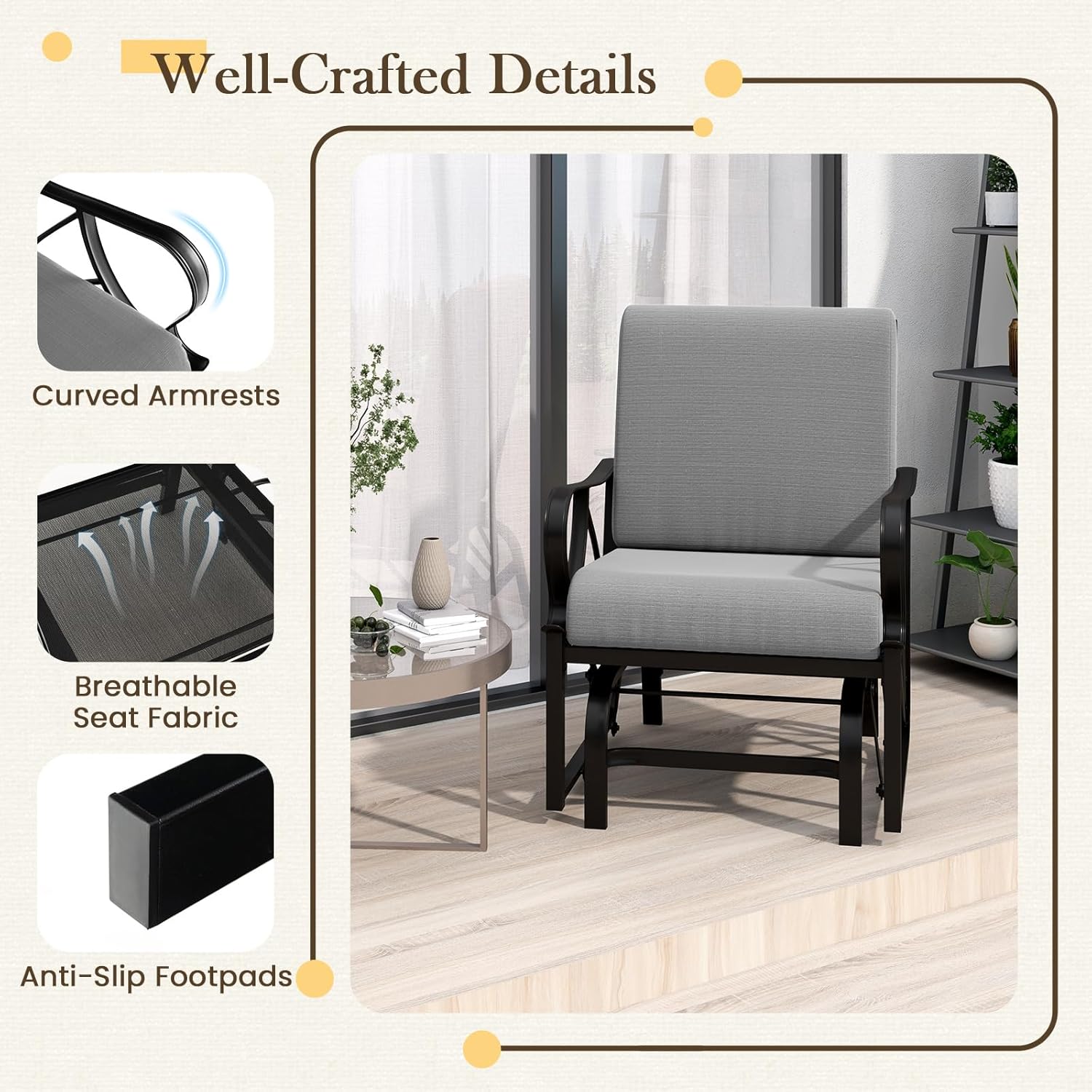 DORTALA Patio Glider, Outdoor Rocking Chair with Cushions, Metal Frame, Armrest for Yard, Lawn, Porch (Grey,1)