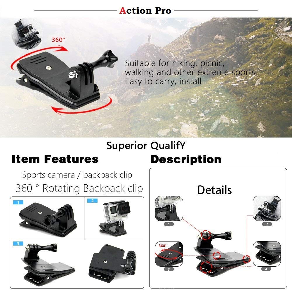 Action Pro Versatile 360° Rotary Backpack Mount Kit, Compatible with GoPro Hero 13/12/11/10/9/8/7/6/5/4/Eken/Yi and Other Action Cameras for Dynamic Adventure Capture 3