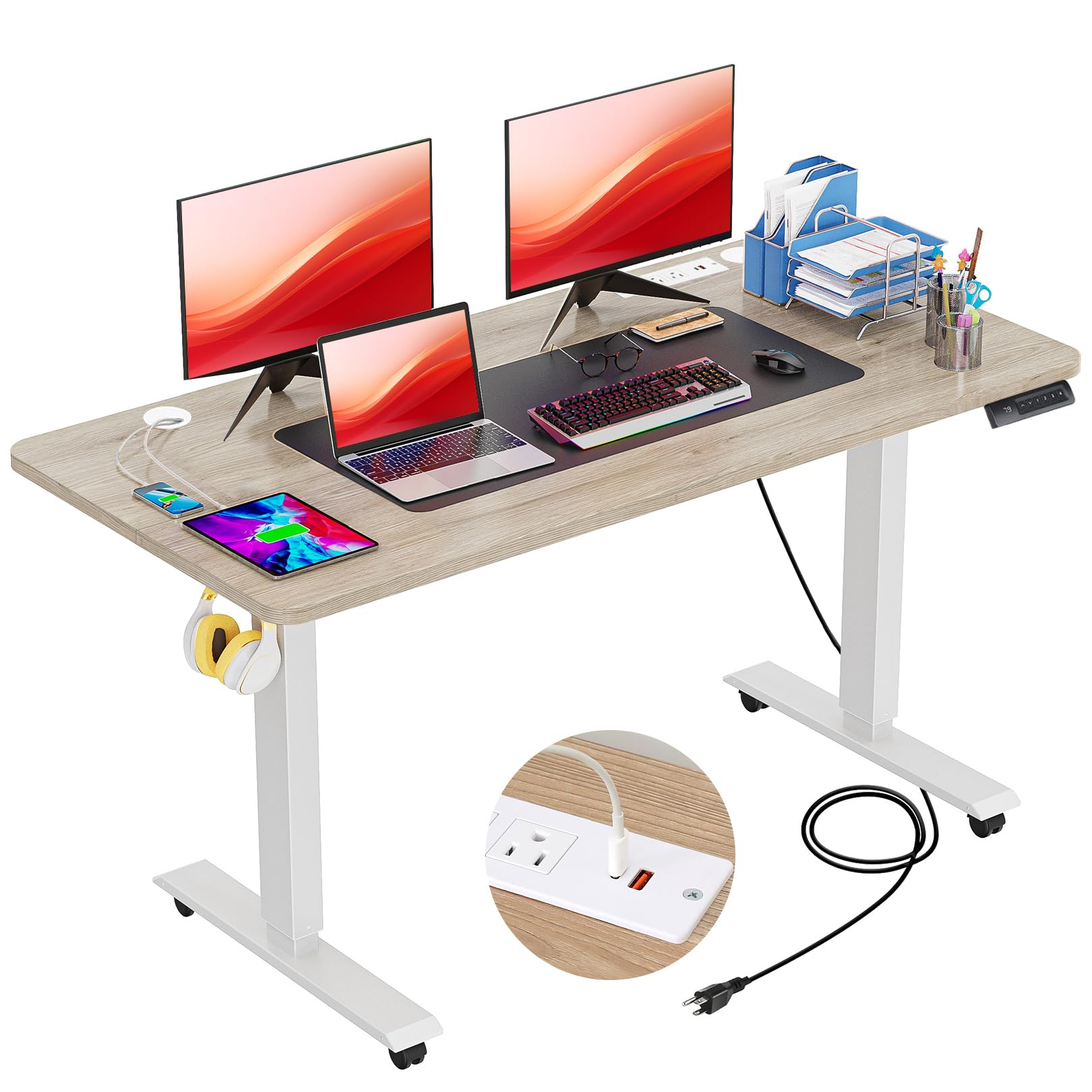 farexon electric standing desk 55 x 24in with charging station adjustable height desk with mouse pad 2 usb ports amp 3 power outlets 4 caster 4 preset heights 273939-463939 lifting range