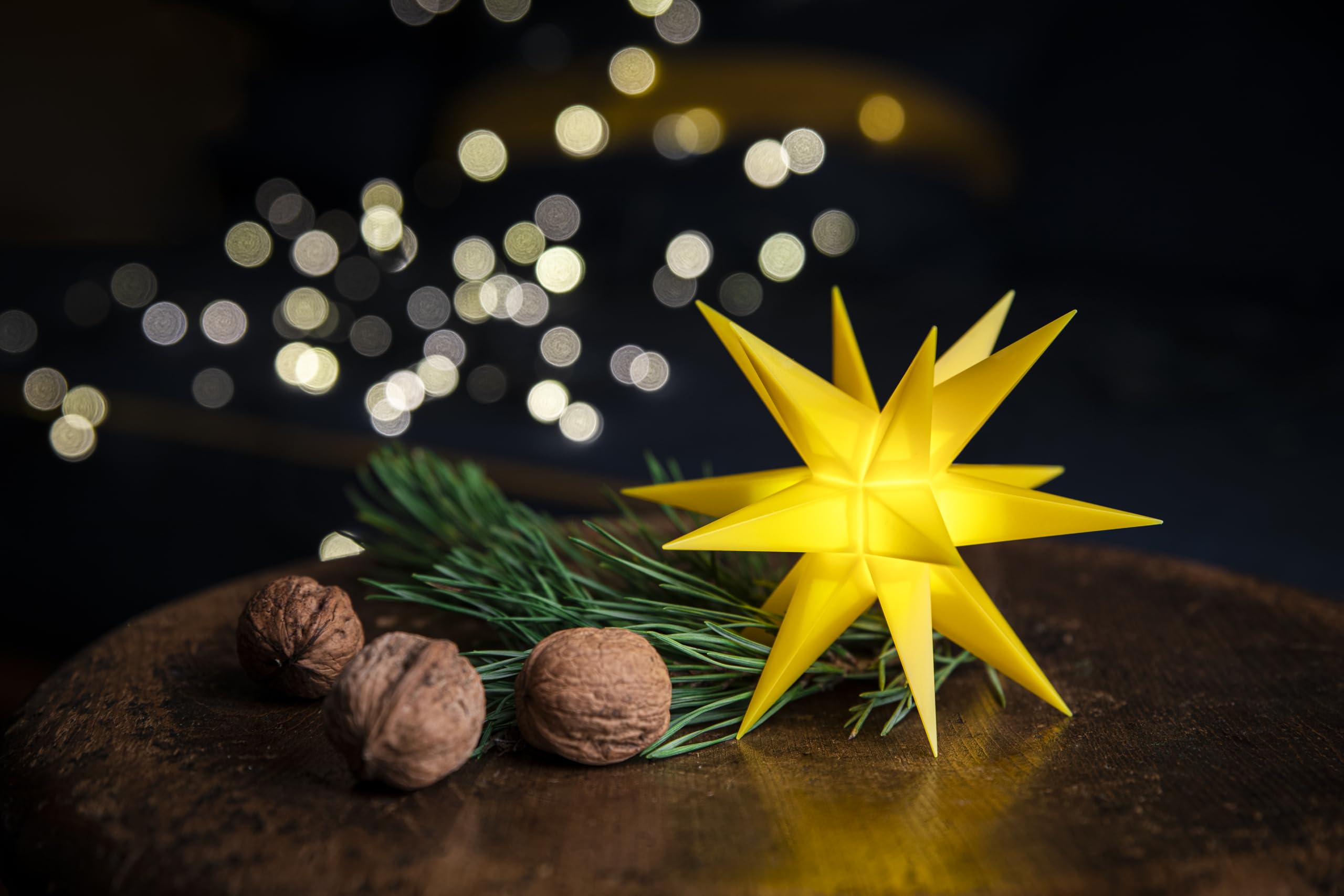 Sterntaler Dekostern | Weihnachtsstern | Kunststoff | Mini-Stern | 18-Zacker | Gelb | 12cm | Innen | LED | Batterie | mit Fernbedienung & Timer