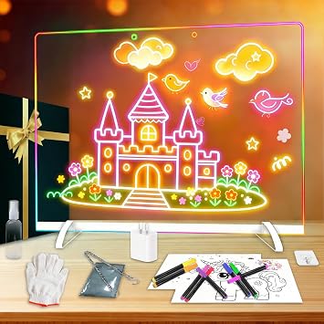 Portable Led Drawing Board for Kids, 16" Doodle Glow LED Note Board with 10 Colors Light & 6 Modes, Light Up Acrylic Dry Erase Magic Board, Doodling Toy Gift for Kids, 8 Markers & Tracing Book