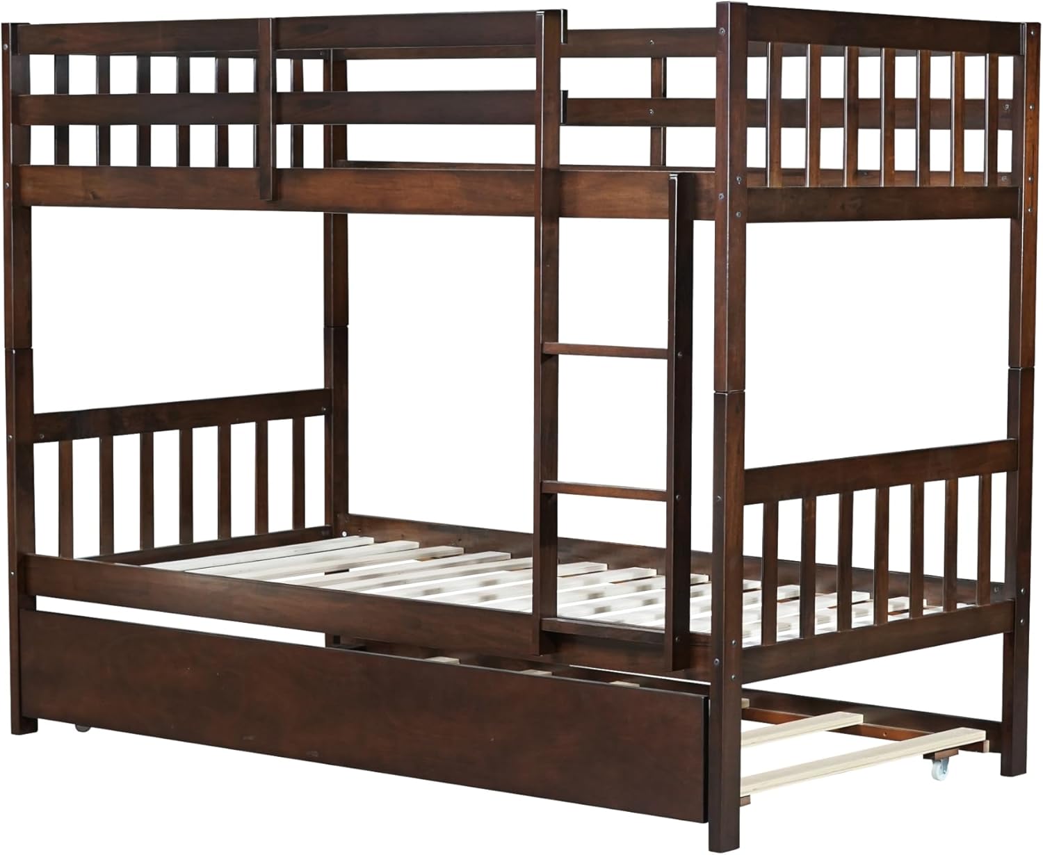 Harper & Bright Designs Twin Over Twin Bunk Bed with Trundle, Twin Size Bunk Bed with Ladder and Safety Guardrails, Convertible into Twin Size Beds, Espresso