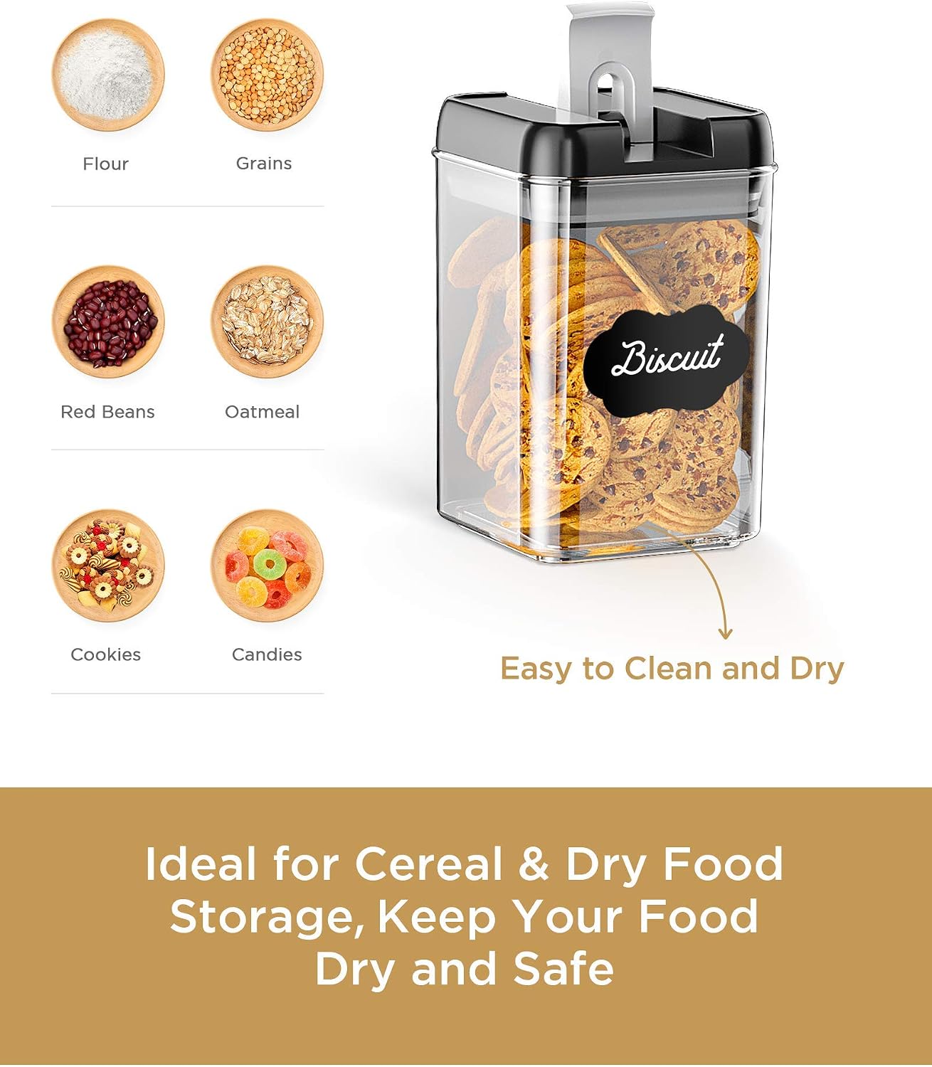 Food Storage Containers, Airtight Containers Set with Easy Lock Lids, Leakproof Durable Food Grade Kitchen Canisters Pantry Organization and Storage, 6 Food Containers with 20 Labels and 1 Maker Pen