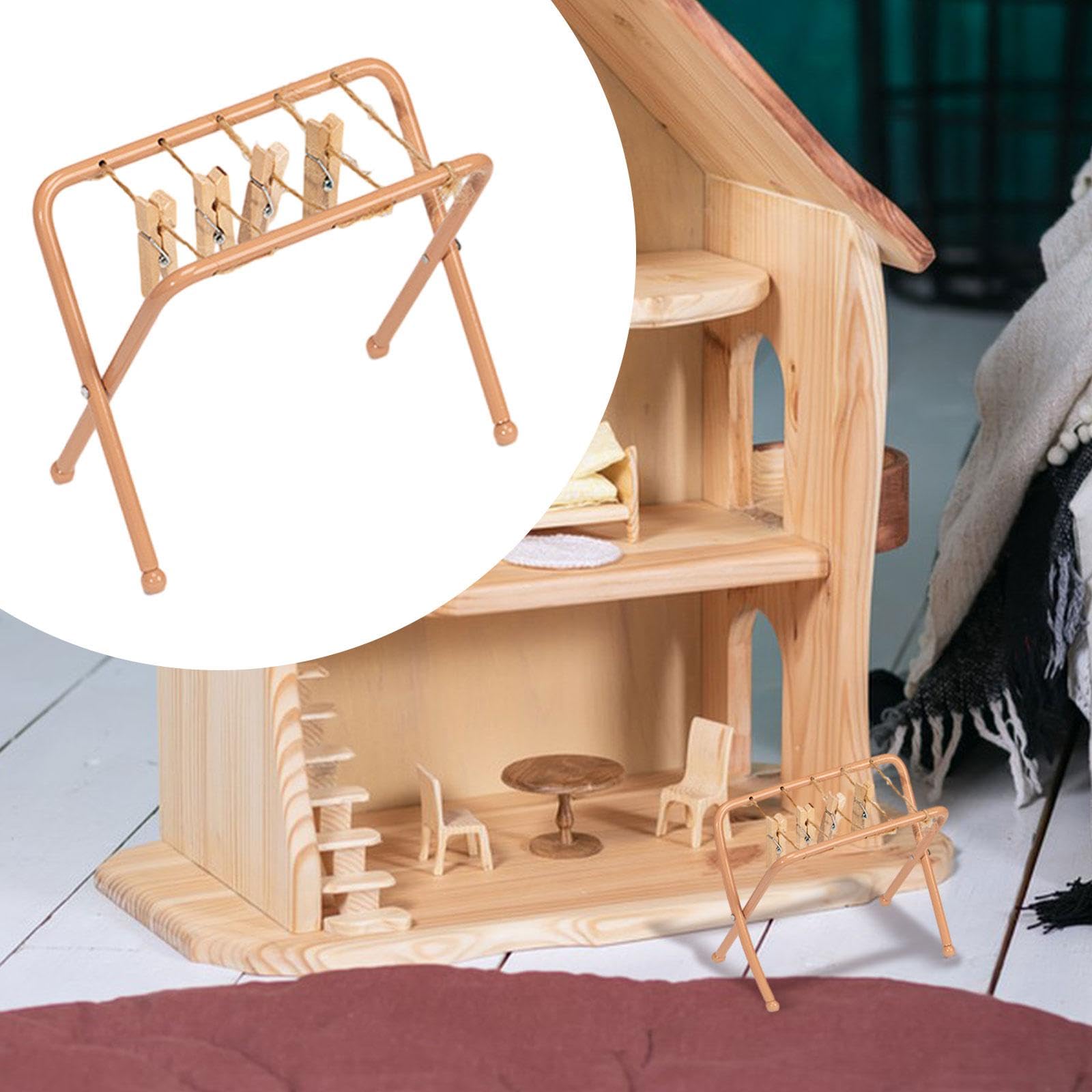 Stendibiancheria per Casa delle Bambole con Mollette, Classico Mobile in Miniatura per Scene di Giardini Fatati, Decorazione, Lavanderia, Marrone Chiaro