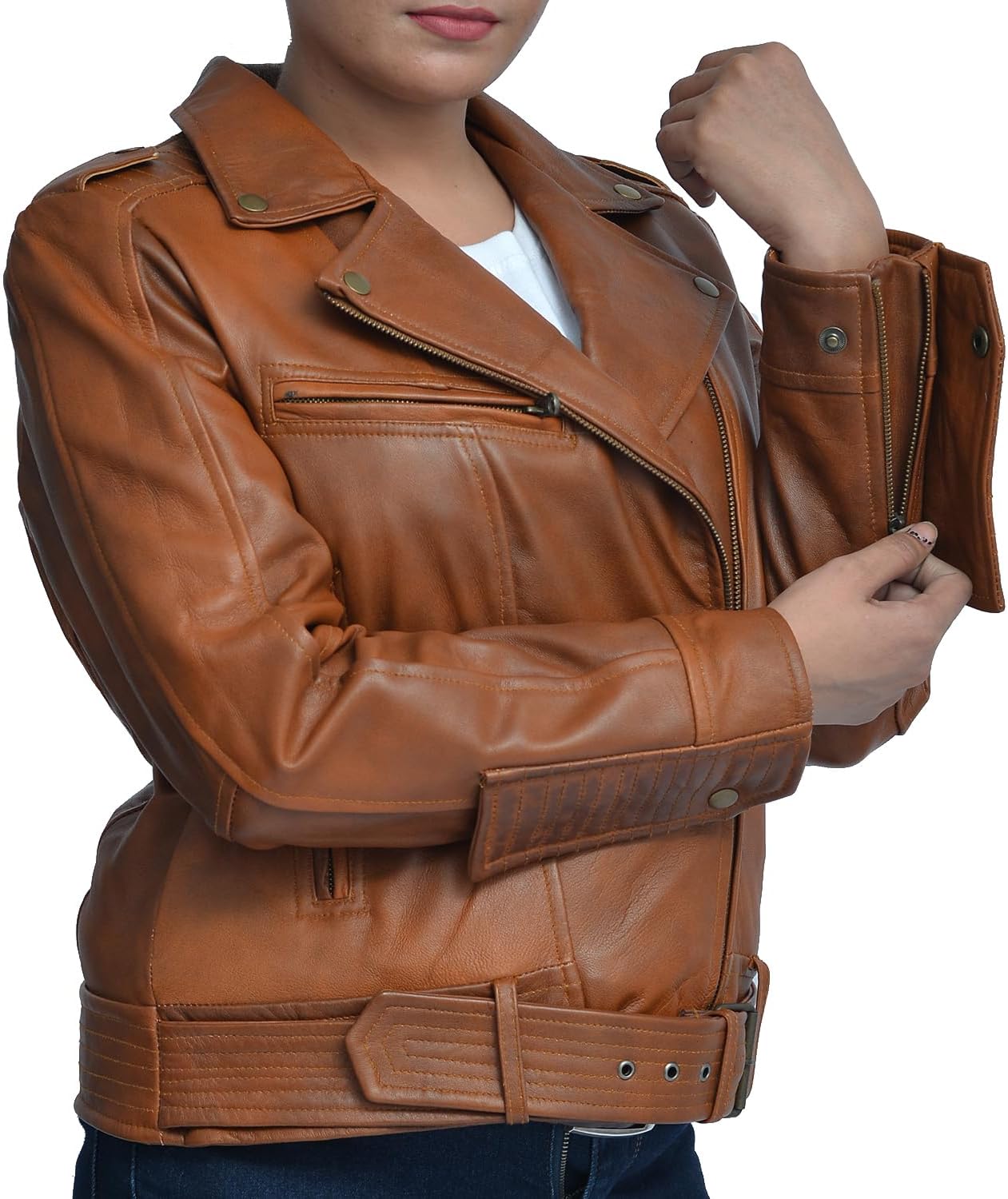 Women's Genuine Sheep Leather Biker Jacket - Asymmetric Motorcycle Jacket with Belt - Heavy Weight Real Sheepskin Moto