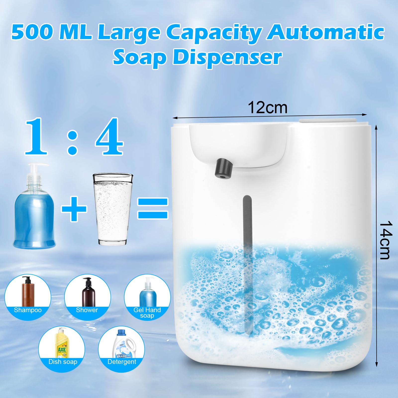 500ml Dozownik mydła, automatyczny, ścienny, bez wiercenia, wodoszczelny, elektryczny dozownik mydła z czujnikiem podczerwieni, biały