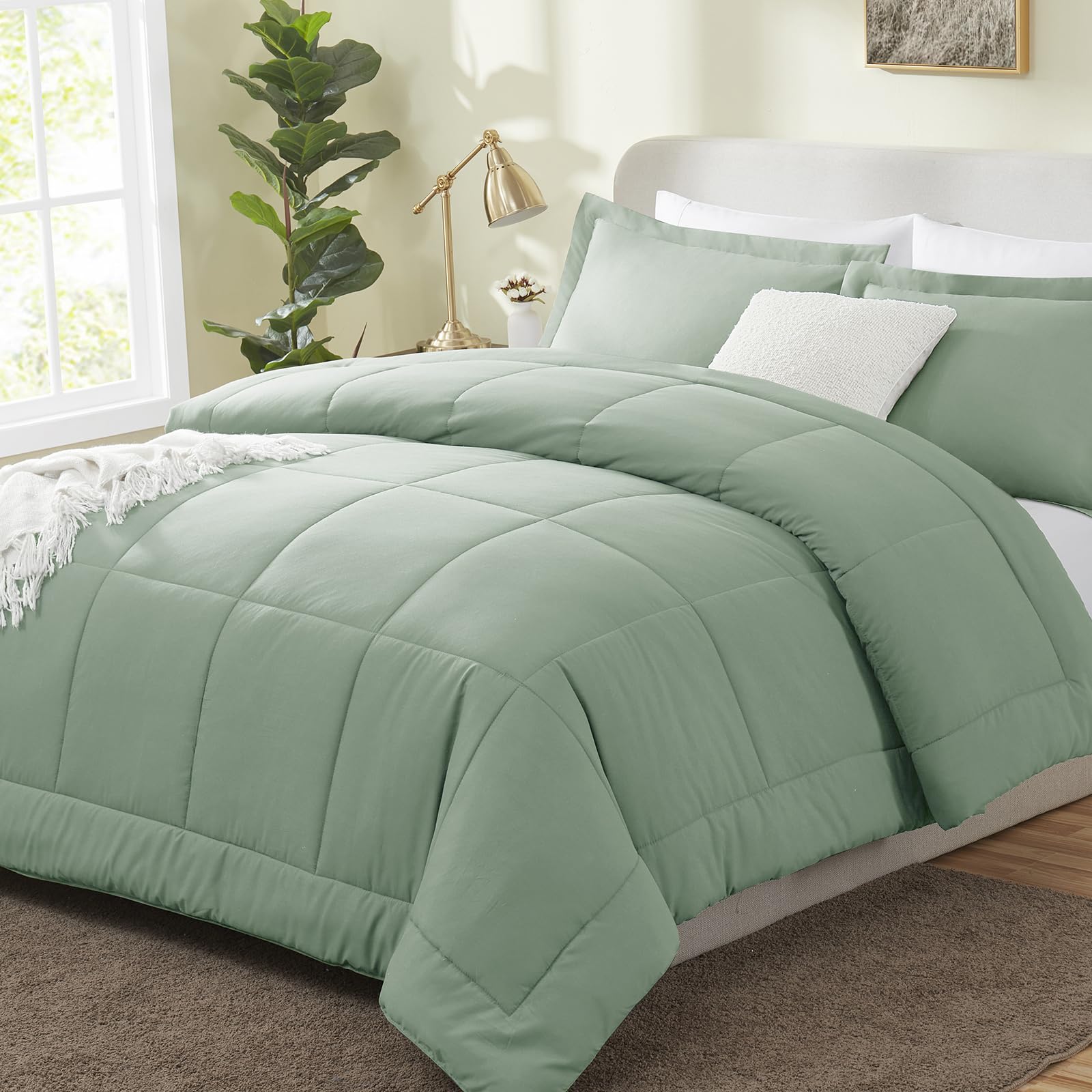 CozyLux King Size Comforter Sets - Sage Green Comforter King Size, 3 Pieces Box Stitched Soft Lightweight Bed Set, All Season Bedding Sets with 1 Down Alternative Comforter and 2 Pillow Shams