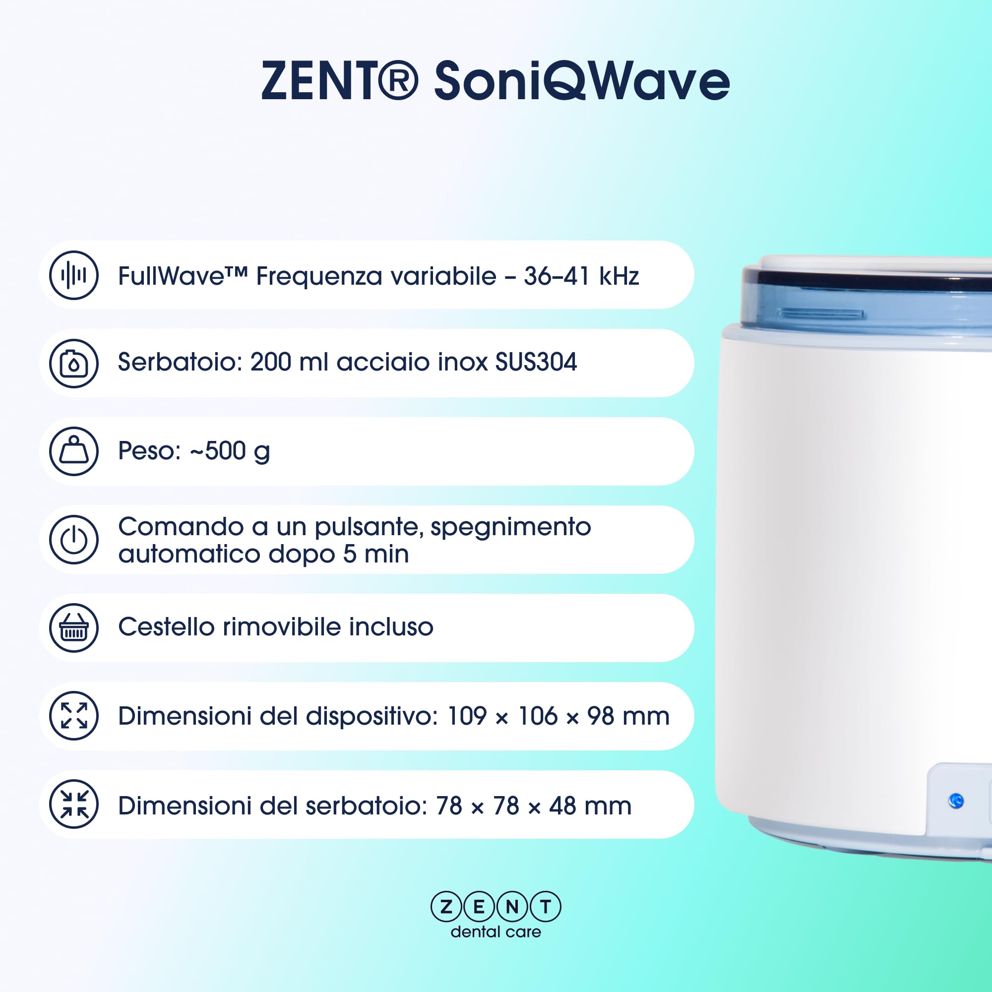 ZENT Pulitore ultrasuoni compatto 200ml, Vasca ultrasuoni per apparecchi allineatori ortodontici gioielli, invisalign pulizia - Tecnologia di pulizia a 360°, Ideale per viaggio, Prodotto medico