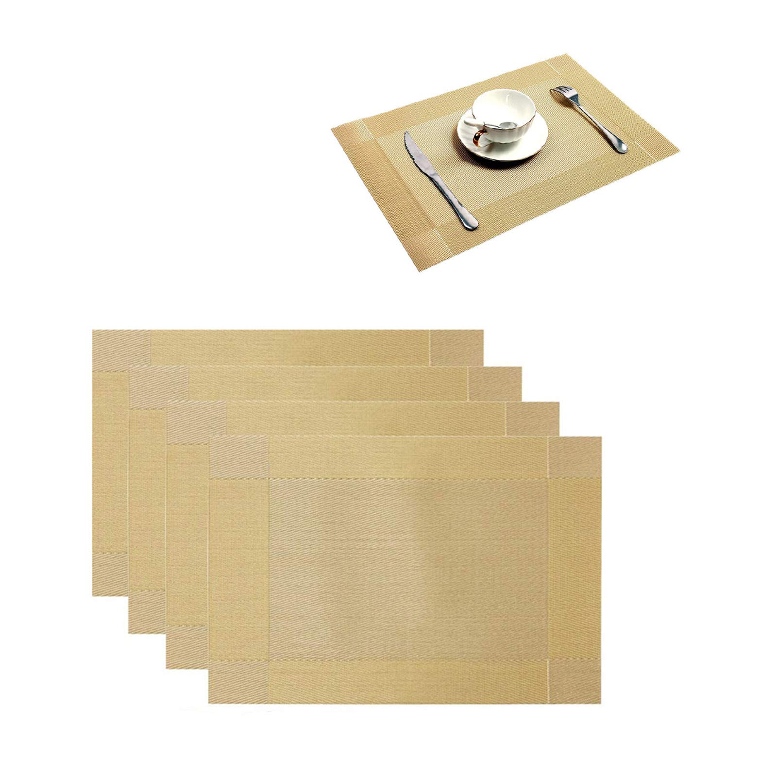 ENUOLI Place Mats Set of 4 Non-slip Place Mats Heat Insulation Woven Vinyl Gold Table Mats Washable Dining Table Mats Stain Resistant Dinner Mats Sets for Kitchen Dining Room Cafe Restaurant