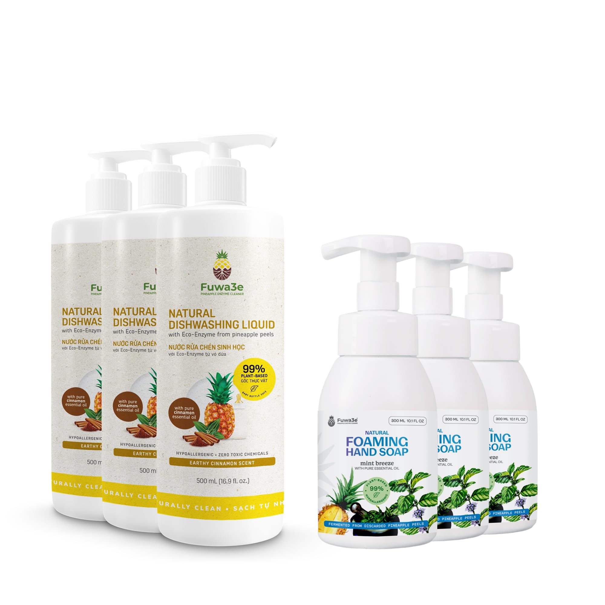 Fuwa3e Natural Dish Soap Cinnamon (3 Pack) & Foaming Hand Soap Mint (3 Pack)