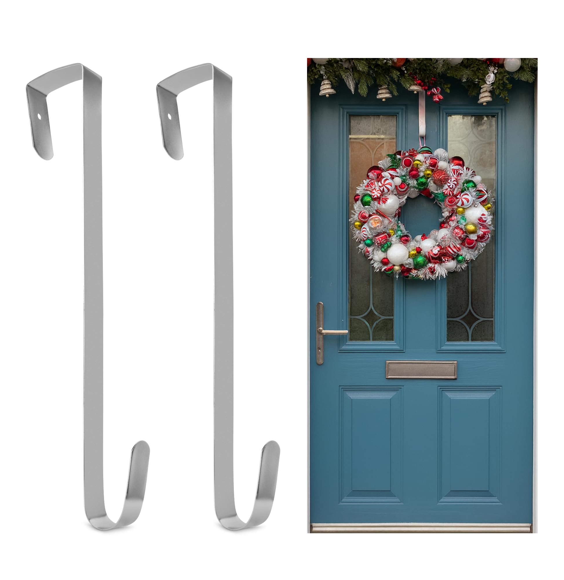 Navoys Festive Metal Wreath Hangers, Front Door Wreath Hooks for Christmas, Wedding Wreaths or Decorations, Over-The-Door Hooks – Versatile and Easy Hanging Solution (2pk Wreath Hanger)