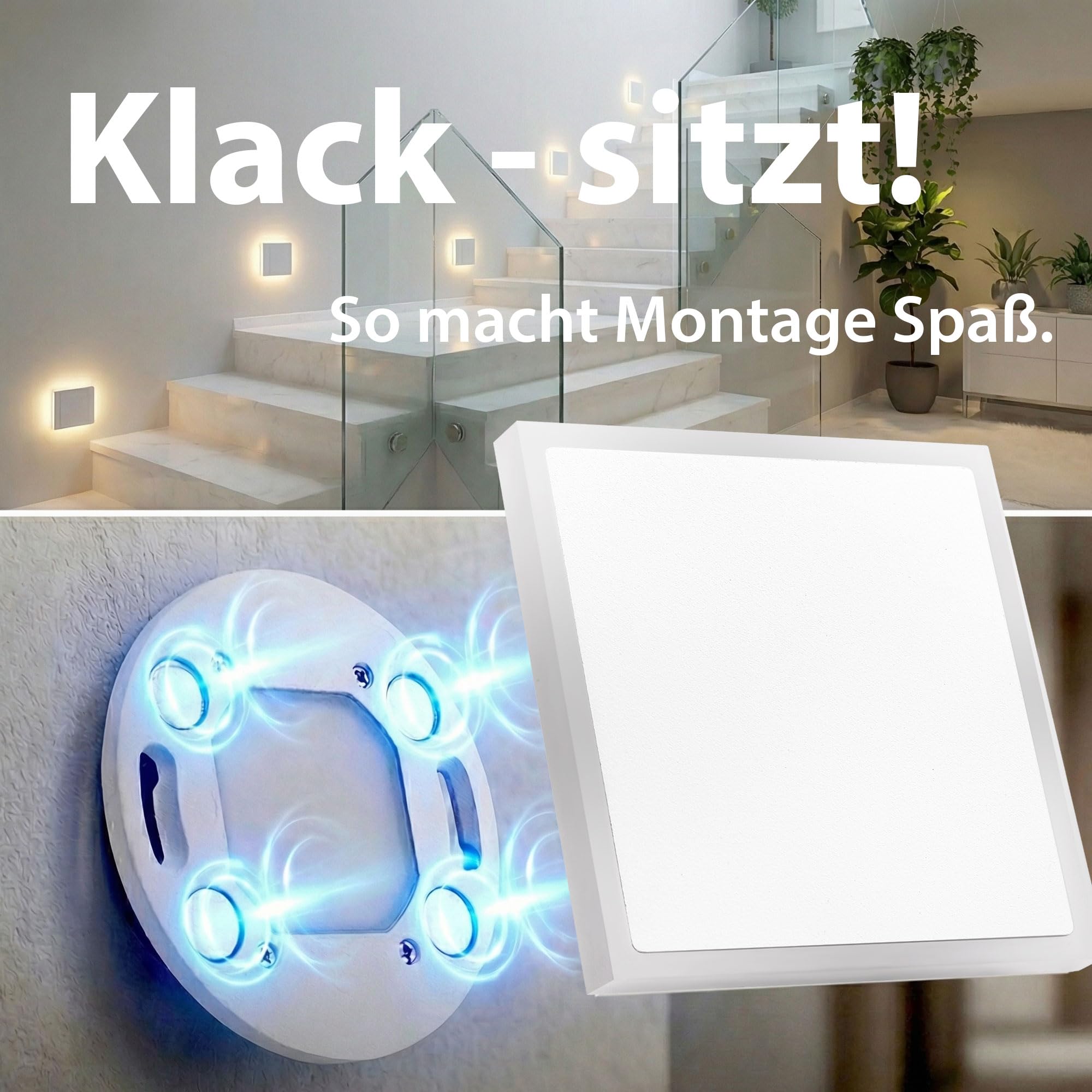 Maxkomfort LED Treppenbeleuchtung 230V Indirektes Licht Acryl-Seitenlicht Wandeinbauleuchte Eckig Schwarz Weiß Halo-Effekt 140lm Warmweiß 3000K Magnetisch für Schalterdose Ø 60mm - 6109 (weiß, eckig)