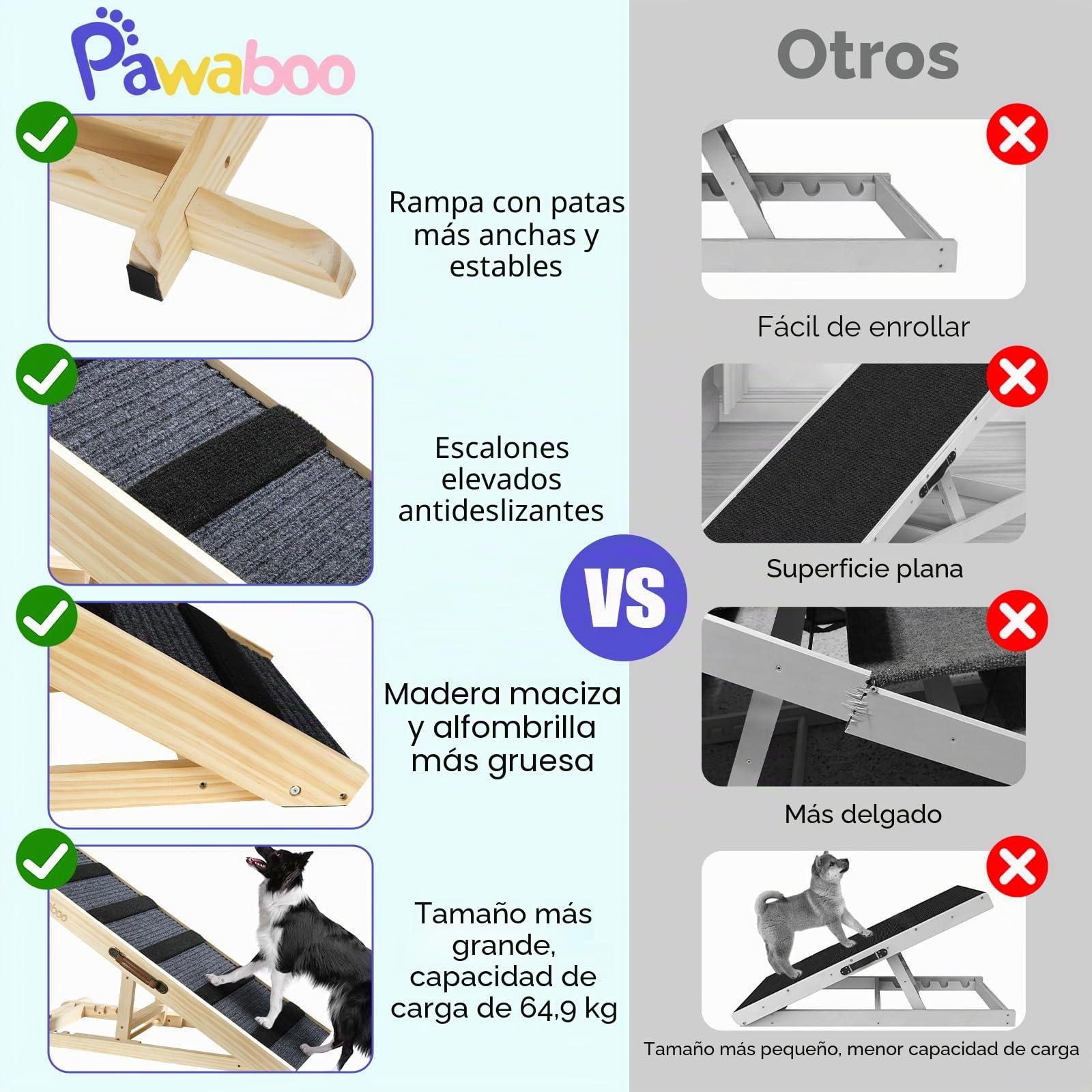 Pawaboo Rampa para Perros Cama, Rampa para Mascotas Madera, 4 Altura Ajustable29,5/37/45/57cm con Alfombra Antideslizante, Escalera de Perros Pequeños Medianos Gatos para Sofá Cama Coche, Madera