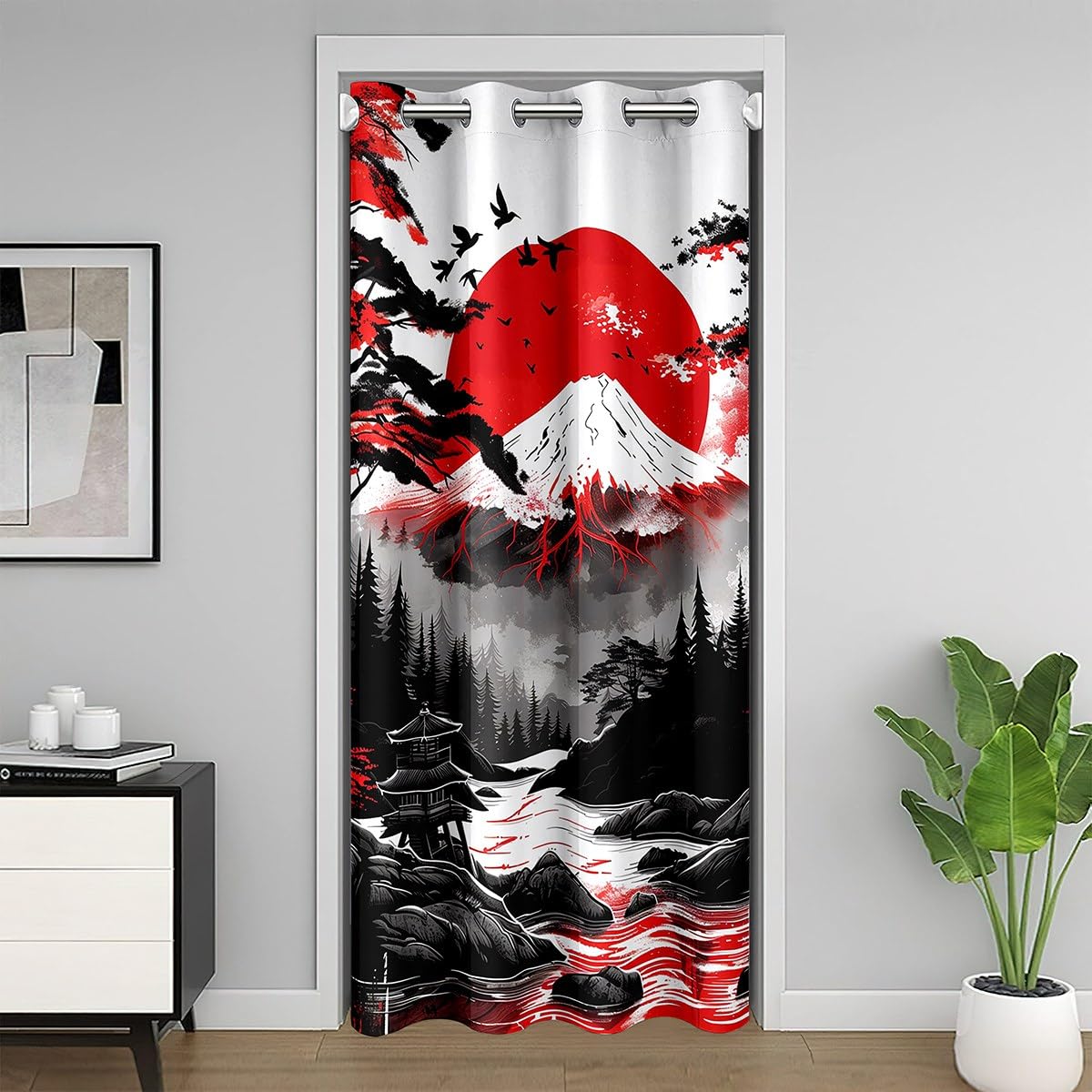 Homemissing Japanischer Stil Türvorhang 86x203cm Kinder Kirschblüten Waldsee Zimmer Divider für Kinder Jungen Mädchen Ukiyoe Fuji Berg gedruckt Sonnenuntergang Kunstwerk Türvorhang