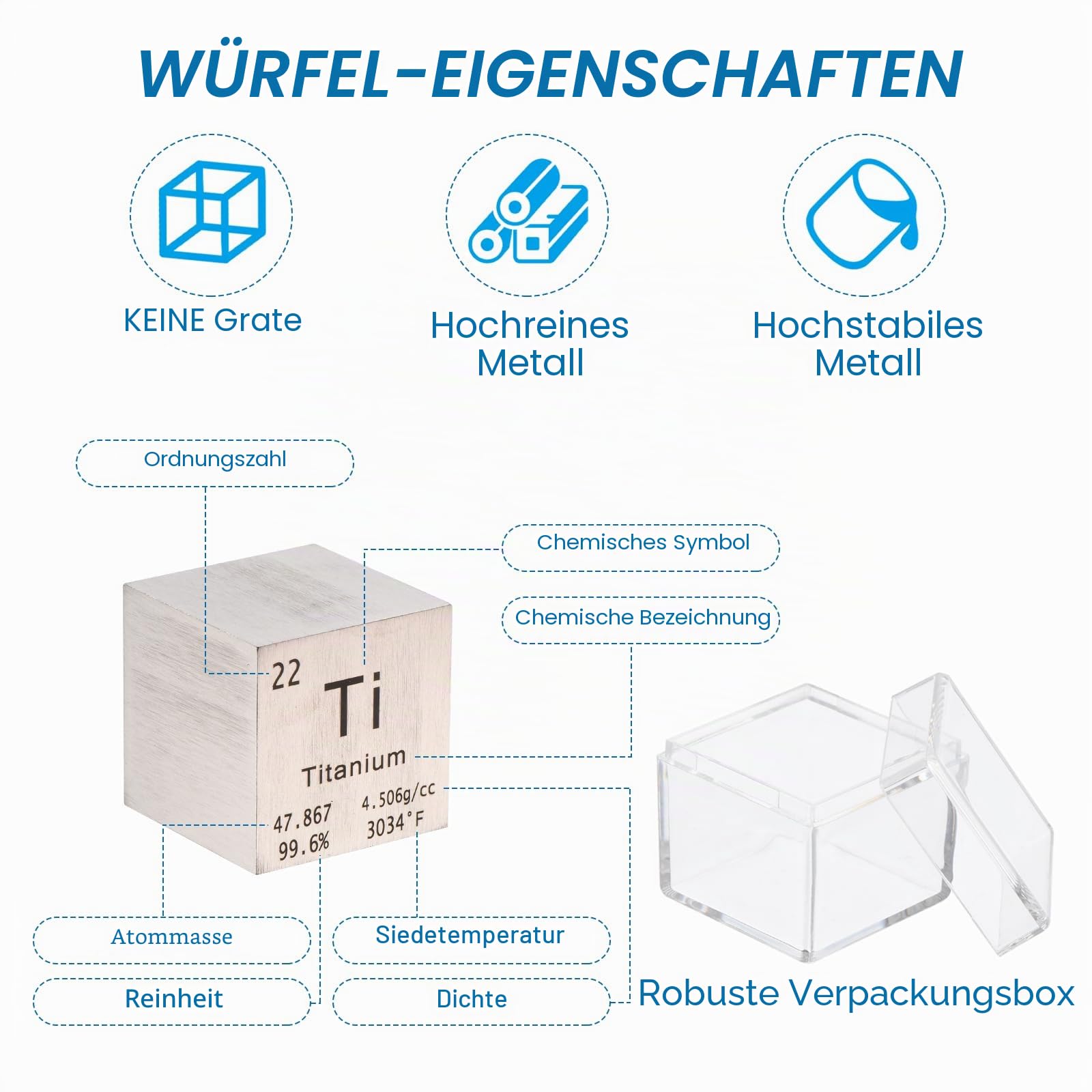 PATIKIL Titanwürfel Metallelement Hochdichter Block Reines Periodensystem Element Würfel Magnesiumblock für Elementsammlungen Lehrerlabor Wissenschaftliches Experiment, 1 Zoll
