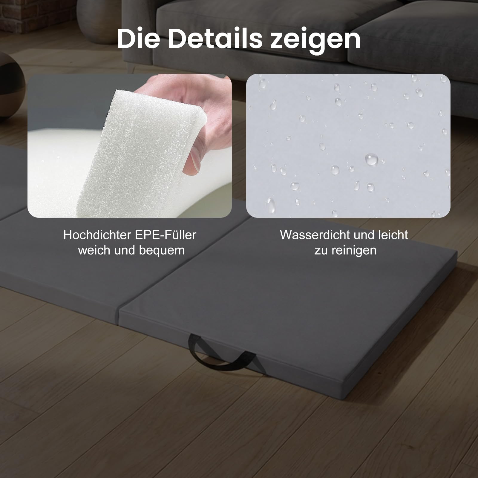 Gymnastikmatte 180×60×5 cm Dicke Fitnessmatte Faltbar – Rutschfeste Yogamatte mit Tragegriffen, Hochdichte EPE Turnmatte Trainingsmatte für Yoga, Pilates, Gymnastik