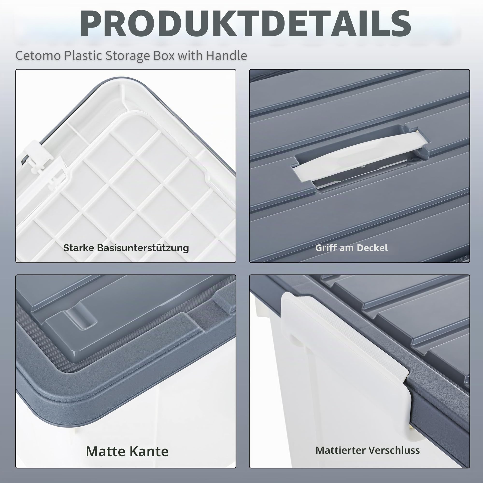 Cetomo 65L*3 Aufbewahrungsboxen, Tragbare Plastikboxen mit Deckeln, Organizer-Behälter mit Griff und Clips, Stapelbar, Ineinander Nestbar, für Zuhause und Büro, Weiß, 65L-3er Pack
