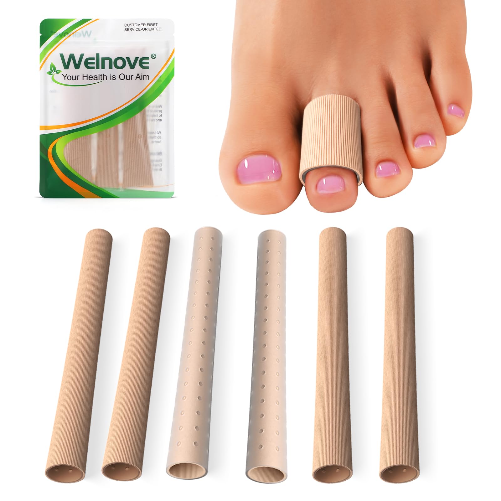 Welnove Toe Tubes Sleeves Protectors - 6 Pack Toe Cushions for Pain Relief - Fabric &amp; Breathable Gel Lining Toe Protectors for Corns, Calluses, Blisters (Medium Size)