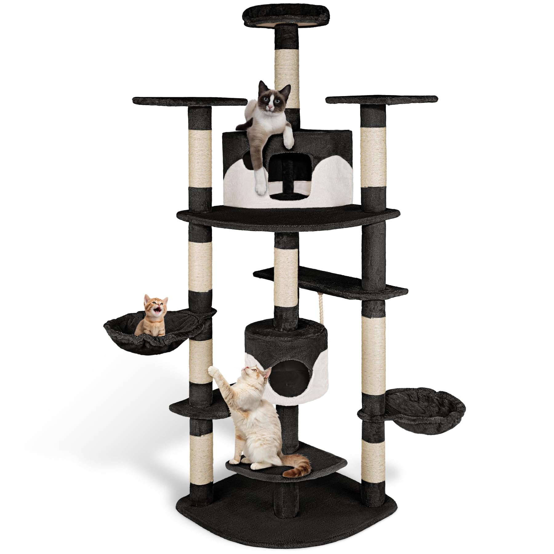Tectake® Multi-Level Cat Tree with Sisal Scratching Posts, Plush Fabric, 2 Cosy Cat Houses, 2 Hanging Beds & Toy Rope, Anti-Tip Protection - 201 cm Tower for Play & Rest - Black/White