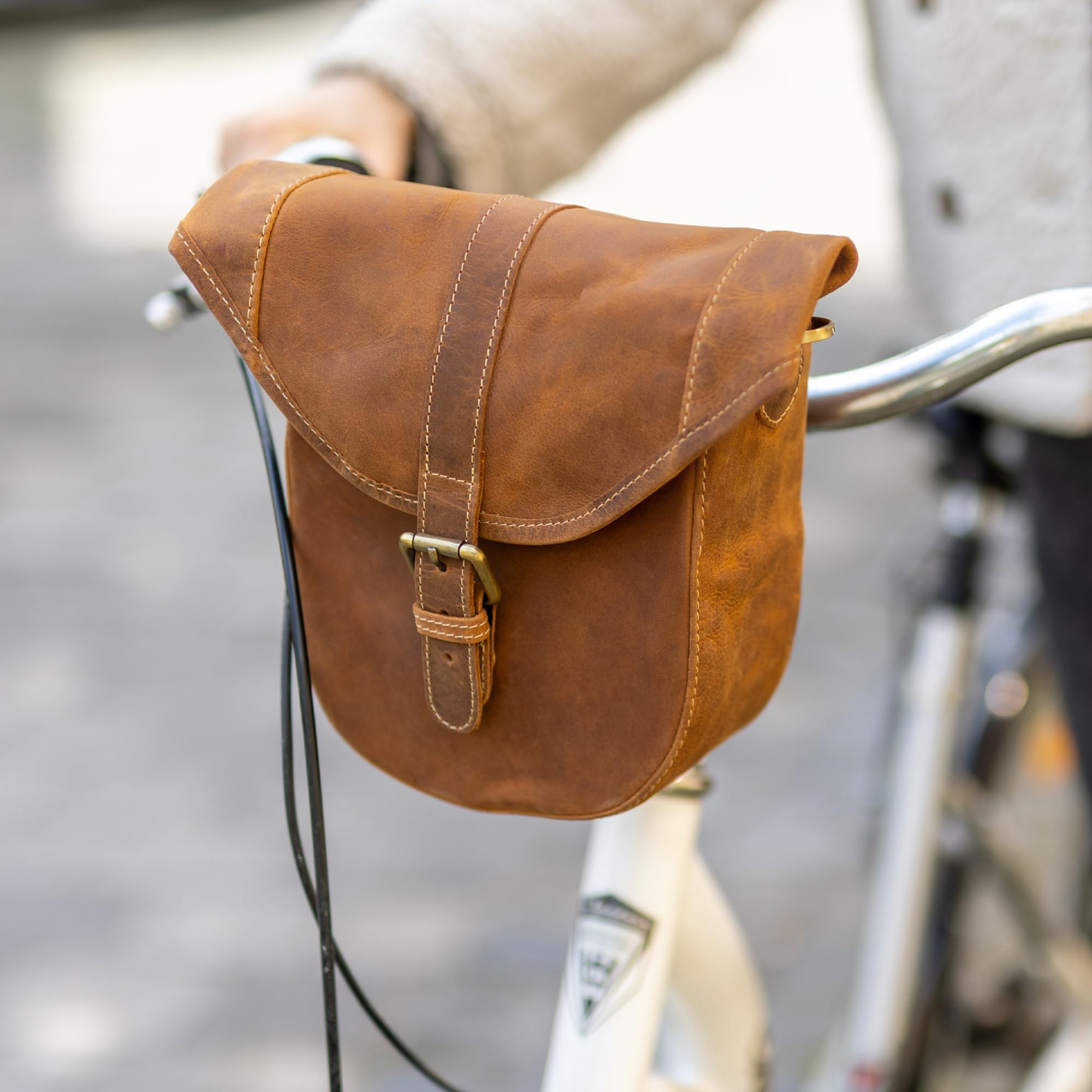 Gusti Fahrradtasche Leder - Félicia B. Lenkertasche Fahrrad Tasche Umhängetasche Handtasche Wasserdicht Canvas Braun Herren Damen kompatibel mit KlickFix ohne Adapter