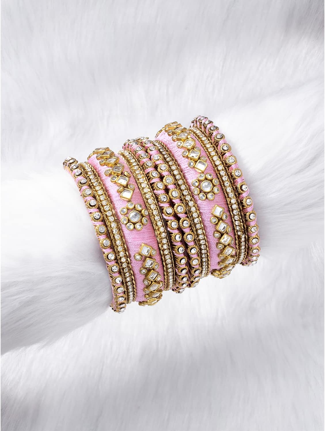 Aheli Velvet Matching Fancy Silk Thread Pink White Chuda/Chura Bangle Set Gift for Women Size 2.8"