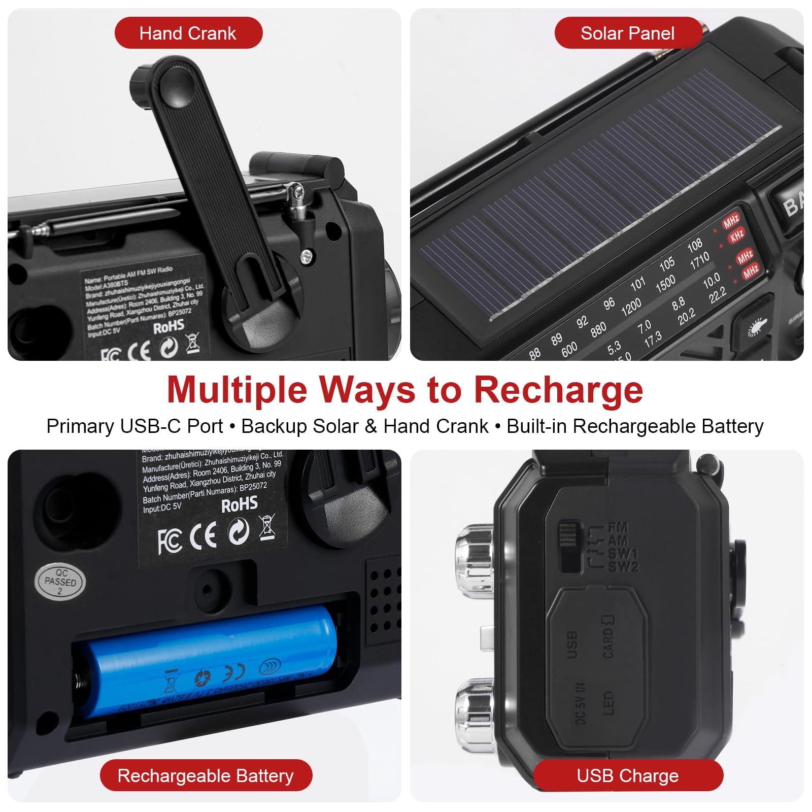 Kurbelradio Notfallradio mit 2600mAh Powerbank, Solar & USB-C Ladung, AM/FM/SW Weltempfänger, LED-Taschenlampe & SOS-Alarm für Notfall-Kits (Schwarz)