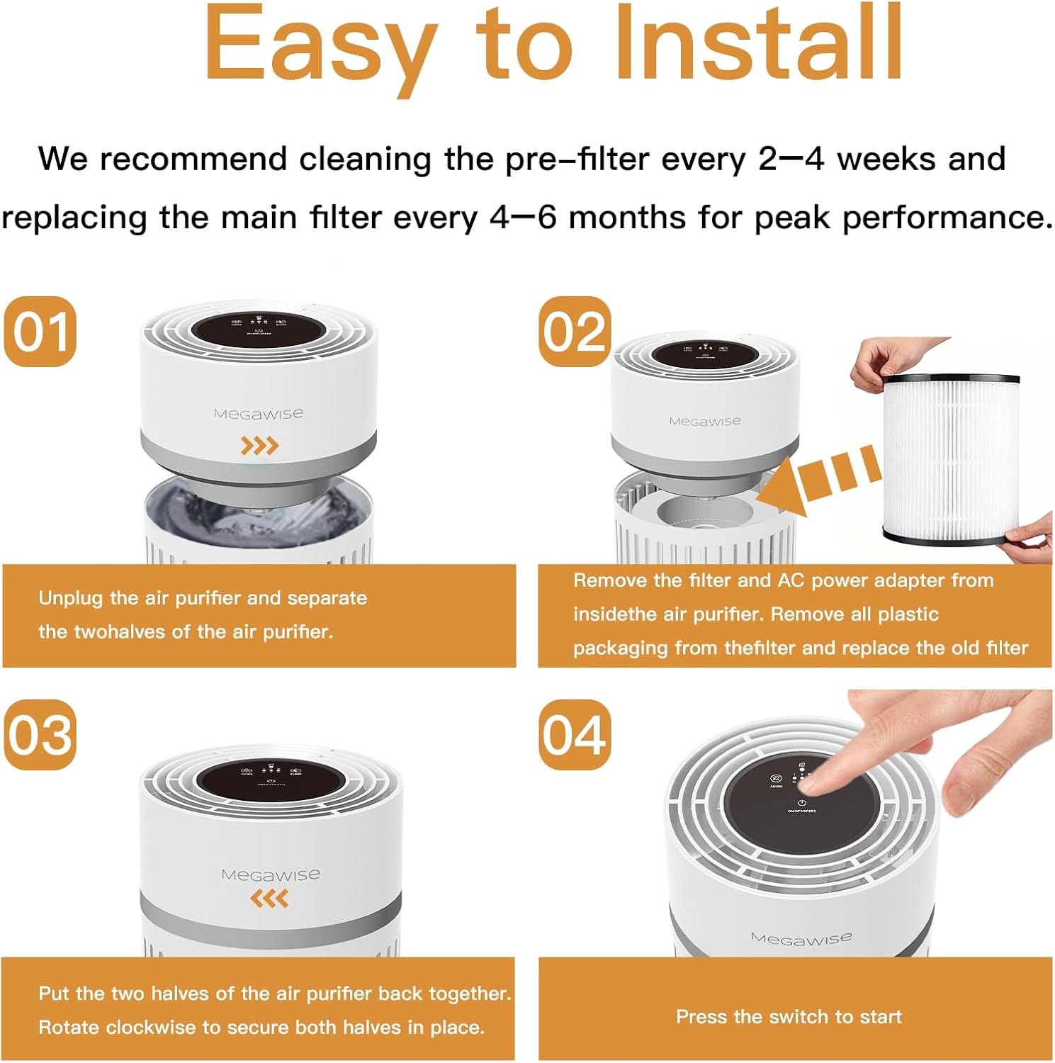 MEGAWISE Air Purifier for Large Rooms, Home, Pets, Bedrooms, Up To 1076 ft² H13 True HEPA Filter, 25db Filtration System Cleaner Odor Eliminators, Remove 99.97% Dust Smoke VOCs