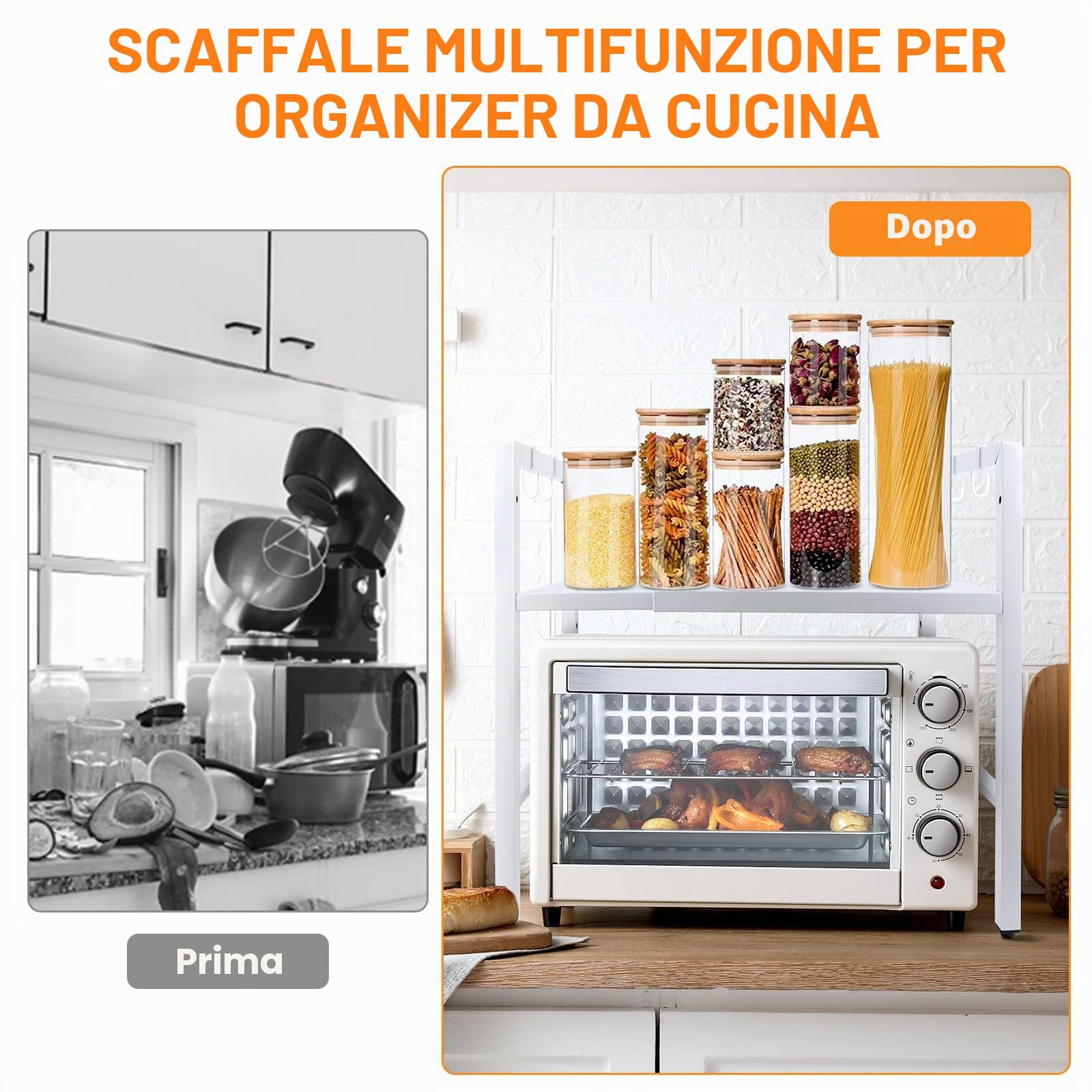 MXTIMWAN Ripiano Espandibile per Microonde, Mensola Microonde Estensibile, Supporto Estensibile per Forno a Microonde 2 Livelli, Supporto per Microonde con 6 Ganci, 40-64cm
