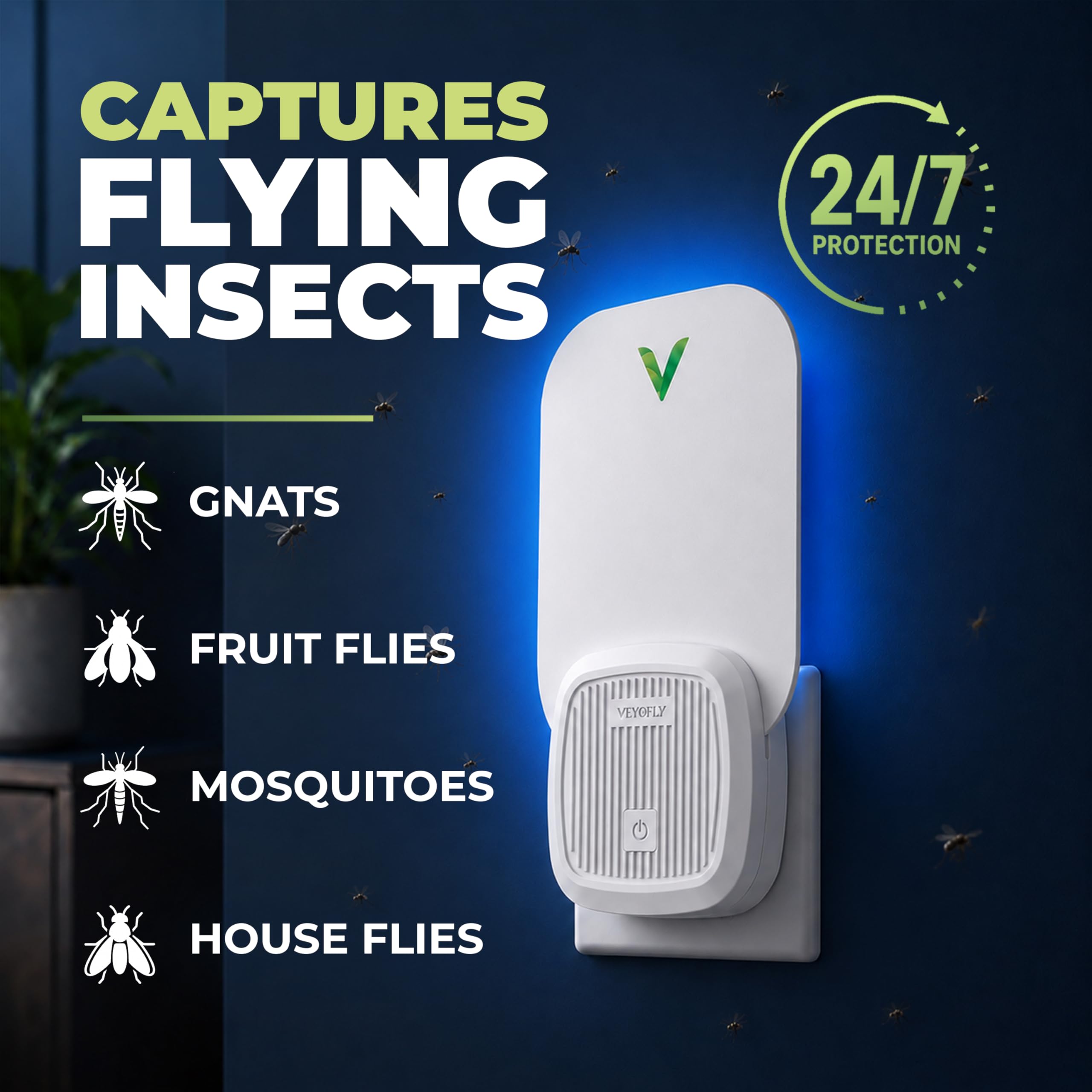 VEYOFLY Fliegenfalle UV, Fruchtfliegenfalle, 4 Geräte + 8 Nachfüllungen | UV-Licht lockt Insekten auf Wechsel-Klebekarten, leise 24/7, Stecker, Innenbereich, ohne Insektenvernichter Elektrisch