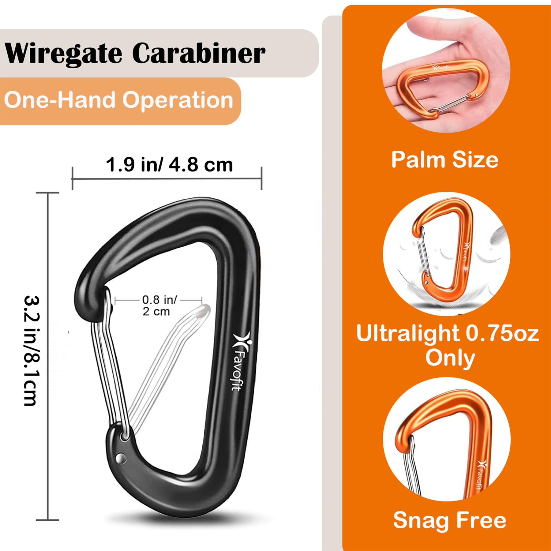 Favofit Carabiner Clips, 4 Pack, 12KN (2697 lbs) Heavy Duty Caribeaners for Camping, Hiking, Outdoor and Gym etc, Small Carabiners for Dog Leash and Harness, Black and Orange