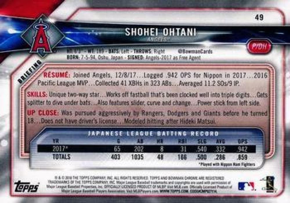 2018 Bowman #49 Shohei Ohtani Los Angeles Angels (RC - Rookie Card) NM-MT MLB Baseball