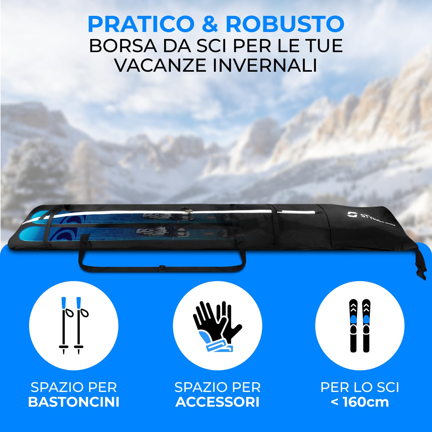 STYNGARD Sacca porta sci con chiusura a rotolo [140 cm - 200 cm] - Borsa sci in materiale resistente con cerniere di alta qualità - Modello Helsinki