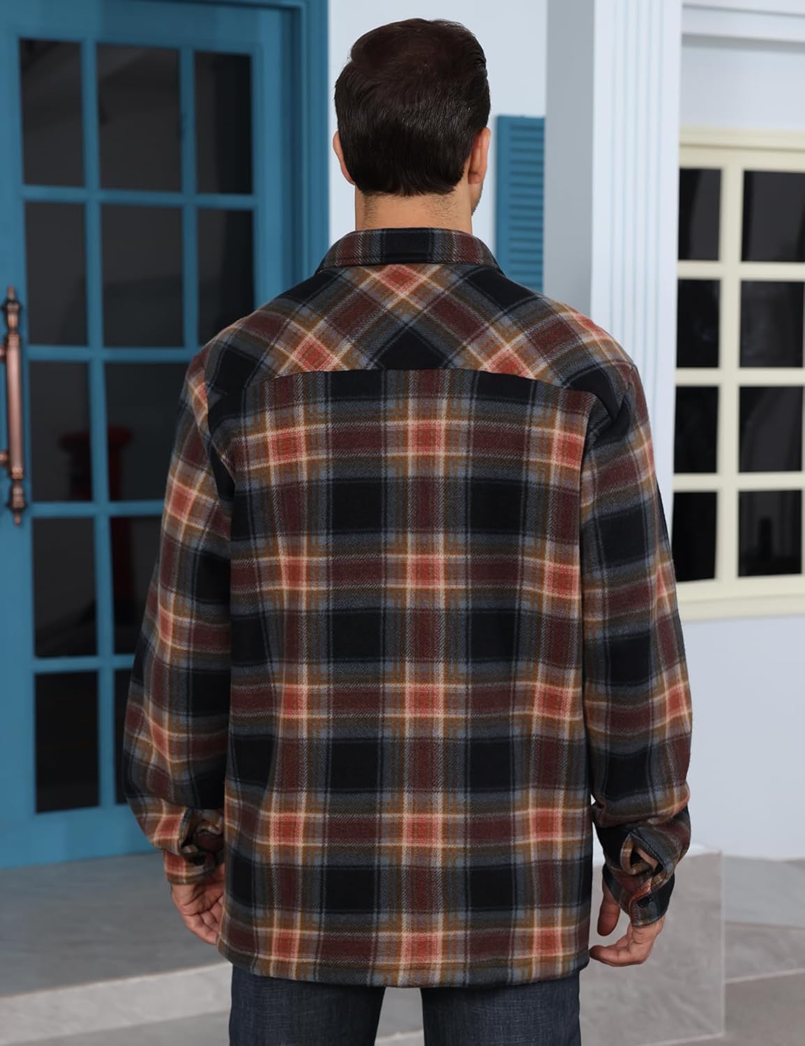 Men's Flannel Jacket Sherpa Lined Casual Button Up Plaid Jacket Long Sleeve Fleece Shacket with Pockets - Image 6
