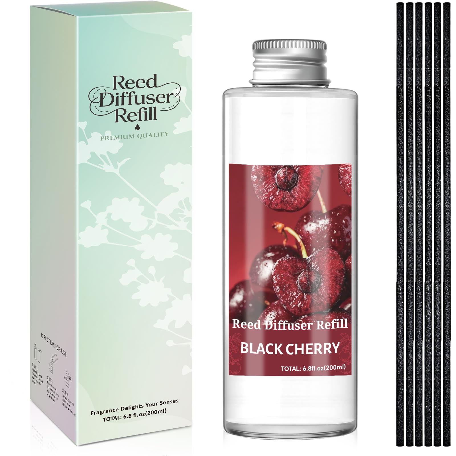 SCENTORINI Reed Diffuser Refill 200ml with 6 Reeds, Black Cherry Room Fragrance Oil, Home Scent Refill for Bedroom Lounge, Gift Boxed
