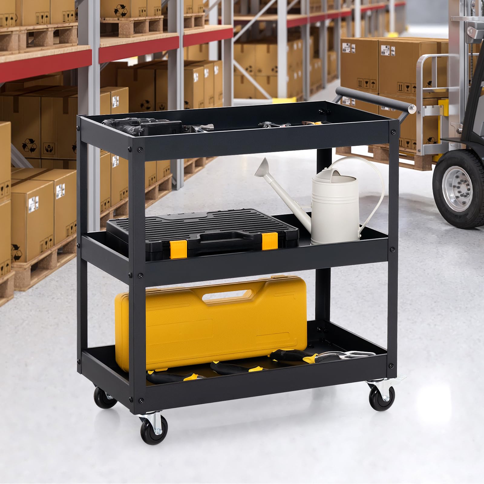 GYMAX Chariot à Outils d'Atelier 3 Niveaux, Chariot de Service en Métal, 4 Roues Universelles dont 2 avec Freins, Charge 120KG, Organisateur de Rangement Mobile, pour Maison, Cuisine, Entrepôt, Garage