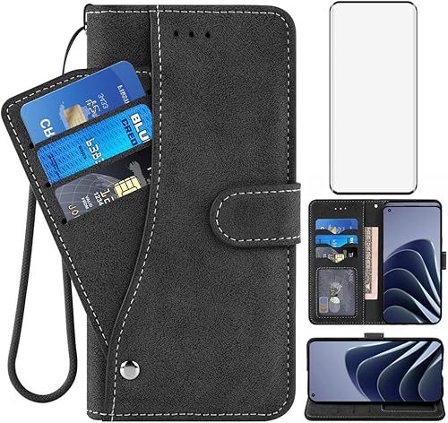 Compatible con OnePlus 10 Pro One Plus 10Pro 5G Funda tipo cartera y protector de pantalla de vidrio templado, soporte para tarjetas, accesorios