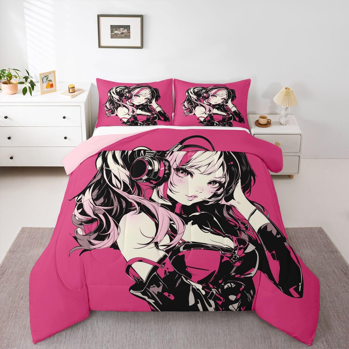 Erosebridal Pink Anime Girls Bedding Cartoon Japanes-Style Comforter Set King, Graffiti Street Culture Bed Comforter Set for Kids Teens Youth Watercolor Hippie Style Duvet Set 3Pcs