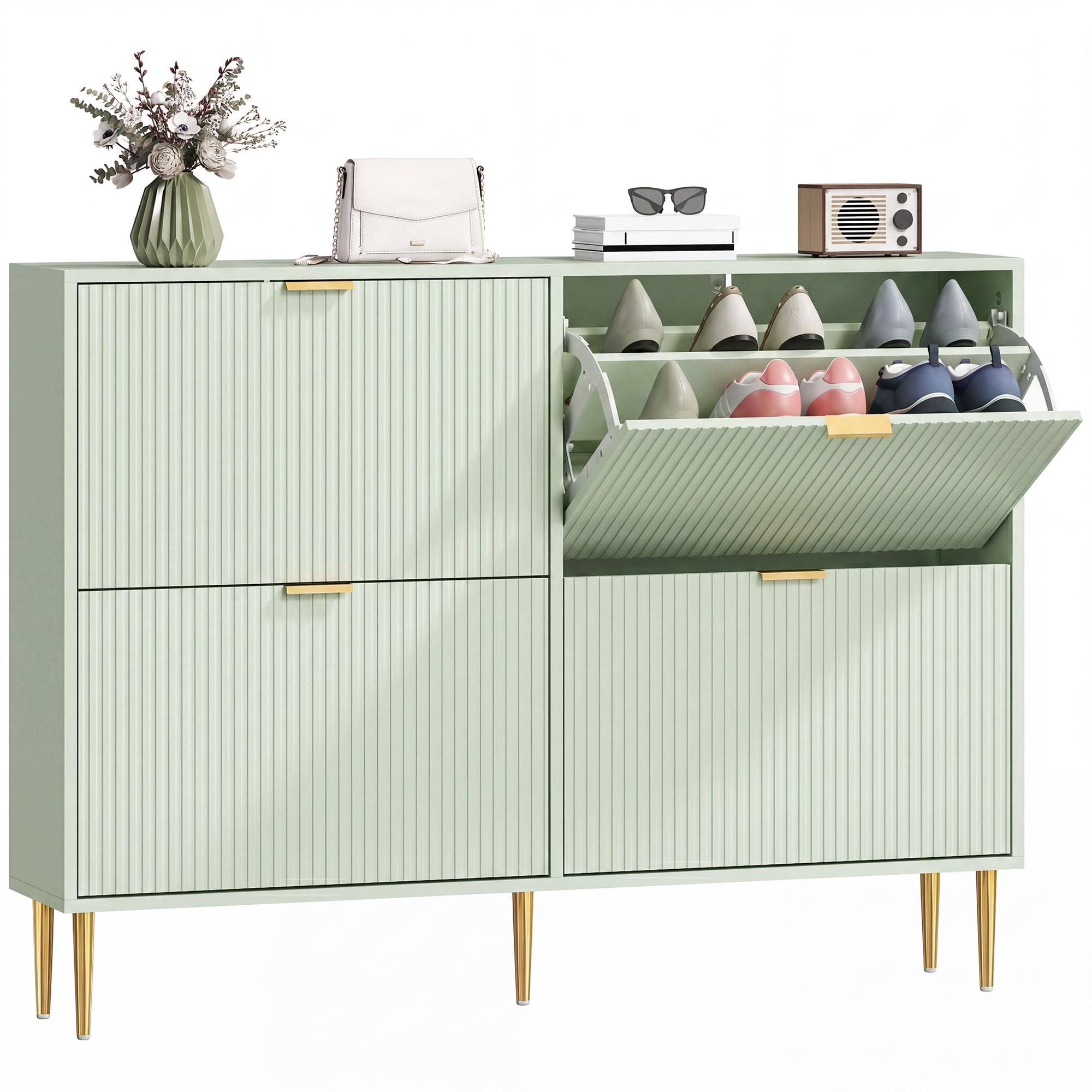 HOMCOM Narrow Shoe Cabinet with 4 Flip Drawers, Modern Slim Shoe Storage Cabinet with Fluted Doors and Adjustable Shelves for Hallway, Holds 10-20 Pairs, Light Green