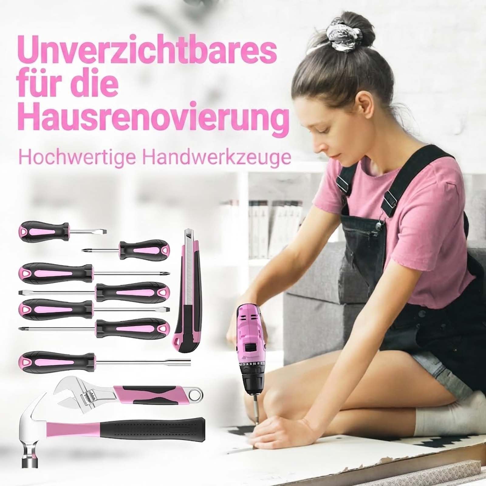 PULITUO Valigetta degli attrezzi da 238 pezzi con avvitatore a batteria rosa, set di cacciaviti a batteria da 20 V, cassetta degli attrezzi per riparazioni domestiche, progetti fai da te e