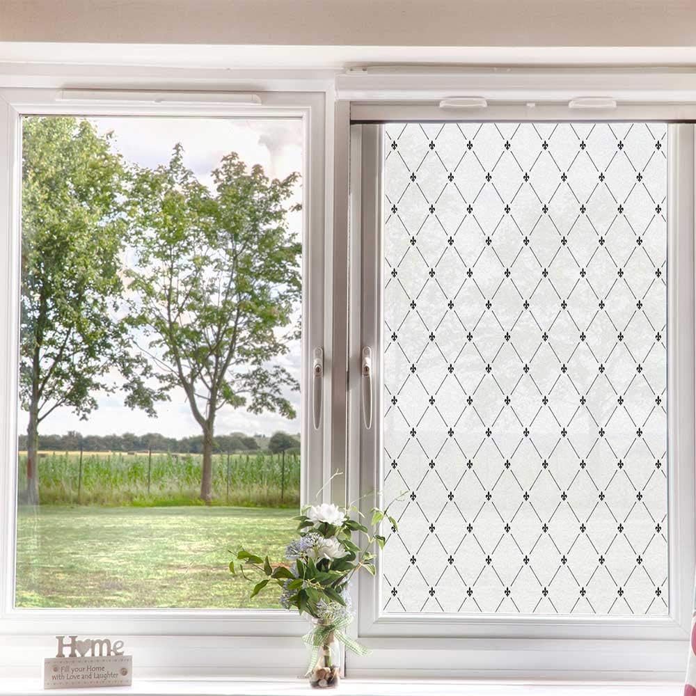 Fleur De Lis Frosted Window Film Privacy Window Film,Shabby Form Style Damask Pattern Front Door Glass Film for Home Office UV Protection,Black White 24 inch x 36 inch