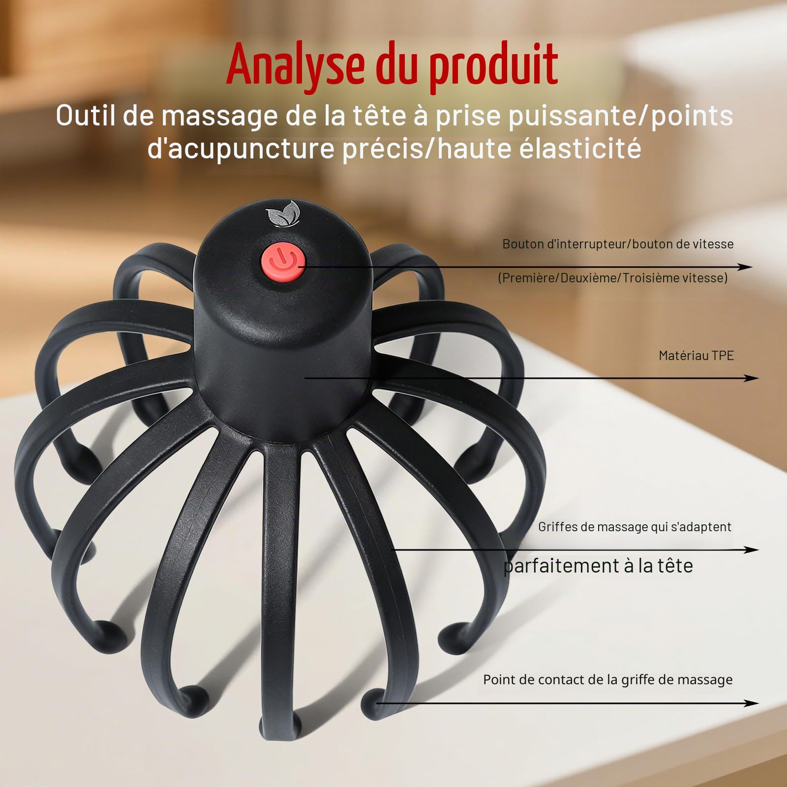 Masseur de tête électrique à 360° avec 3 modes, rechargeable sans fil, portable, pour la relaxation, le stress et la circulation sanguine, noir