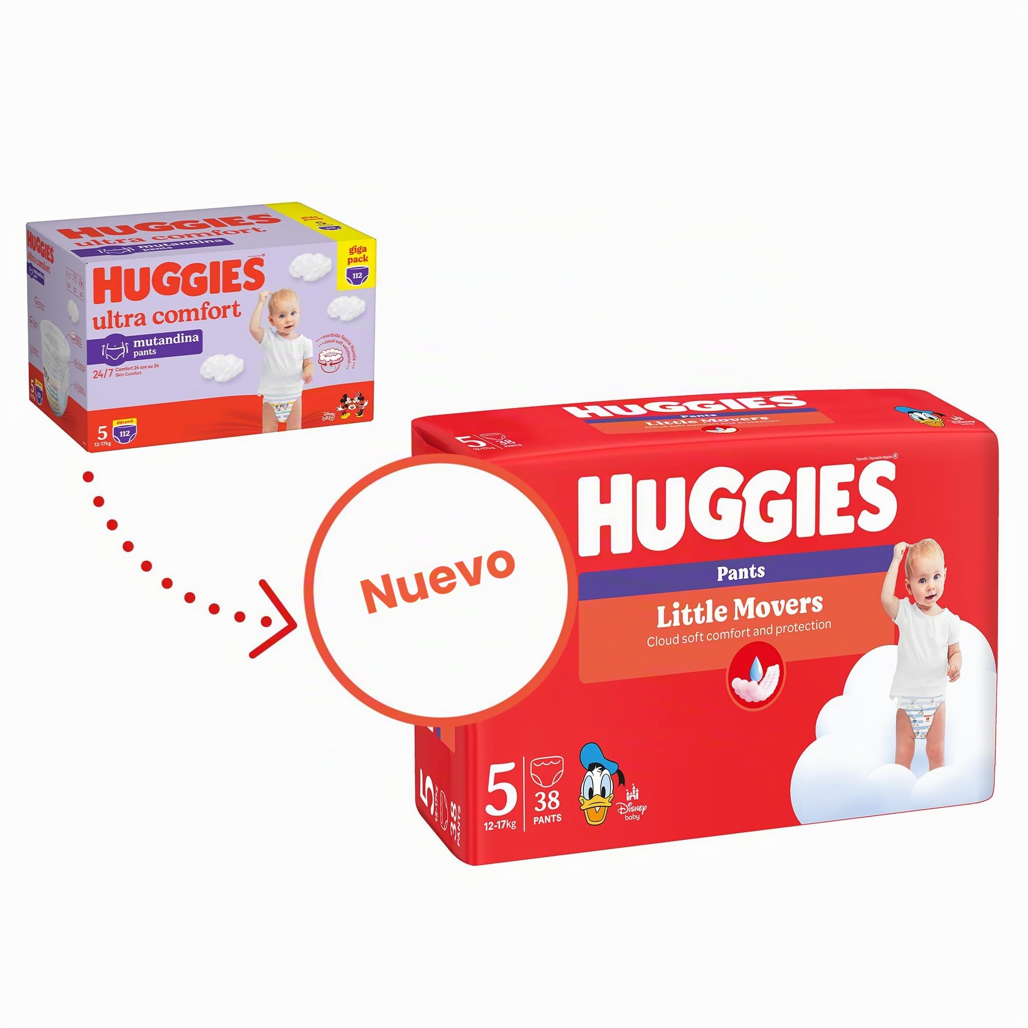 Huggies Little Movers Pañal Braguita para Bebé con Diseños Disney Talla 5 (15-25 kg), 2 Packs de 52, Total 104 Pañales